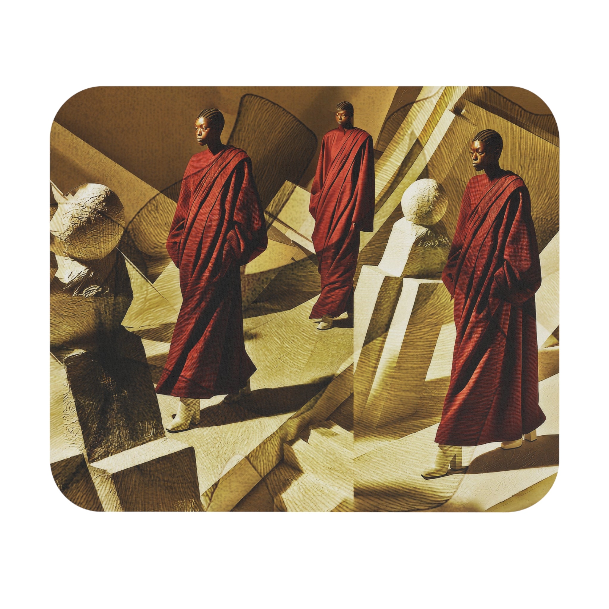 Surreal Red-Robed Figures Mouse Pad — Abstract Geometric Desk Mat