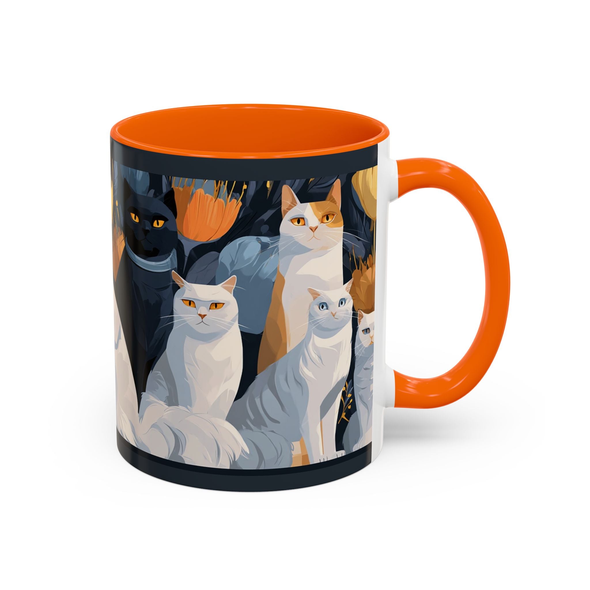 Cat Pattern Accent Coffee Mug — Illustrated Cats Floral Night Design (11/15oz)