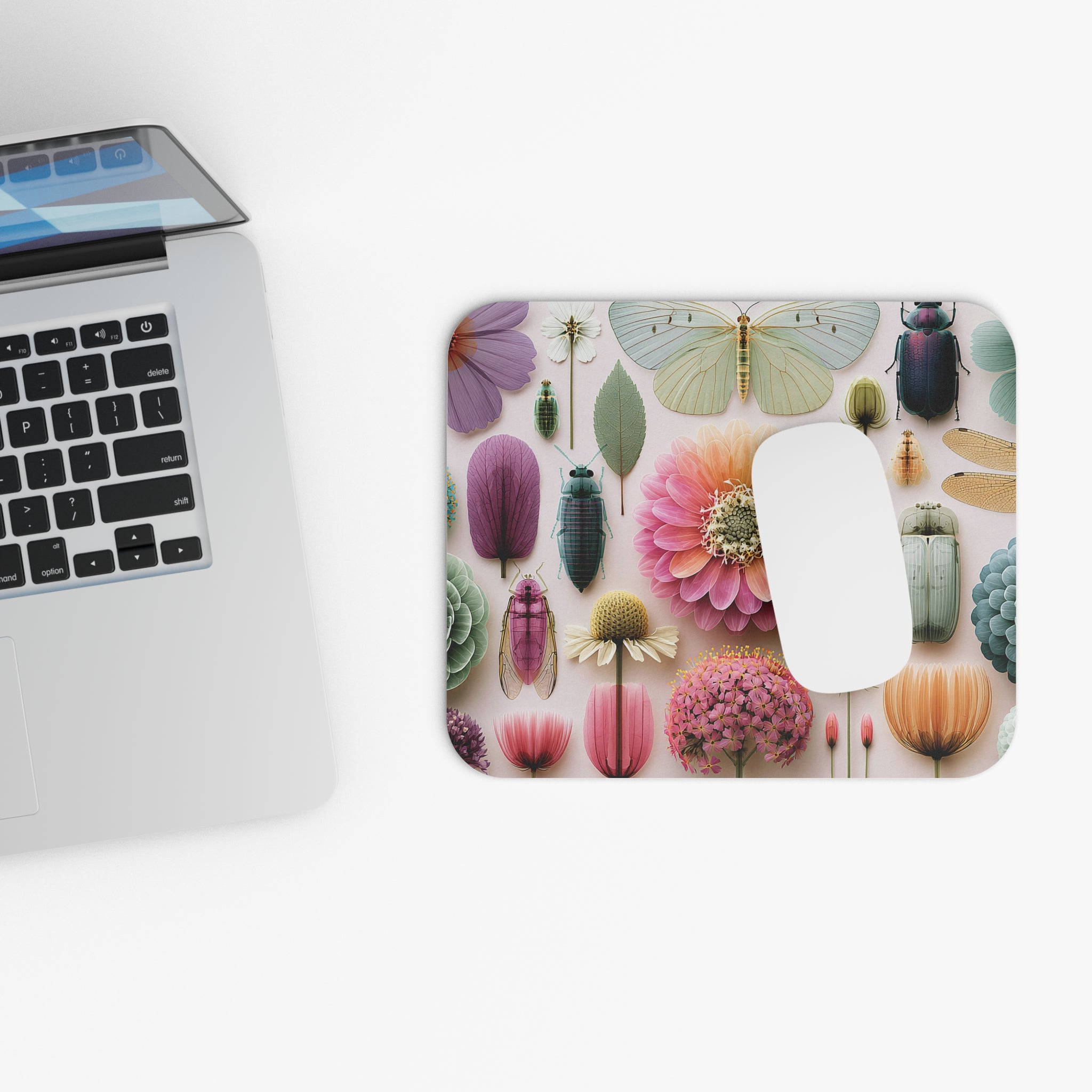Floral & Beetle Decorative Mouse Pad — Pastel Garden Desk Mat