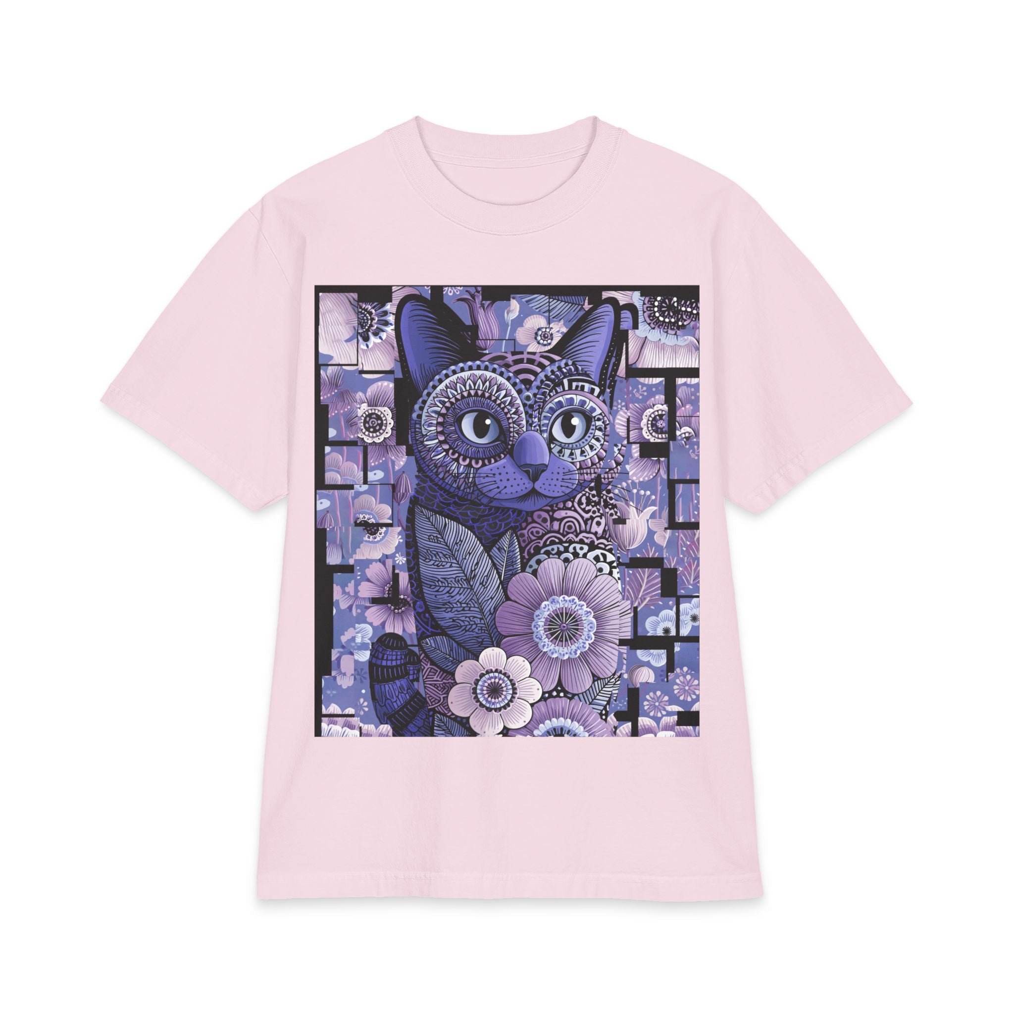Cat Floral Art T-Shirt — Purple Mosaic Kitty Tee