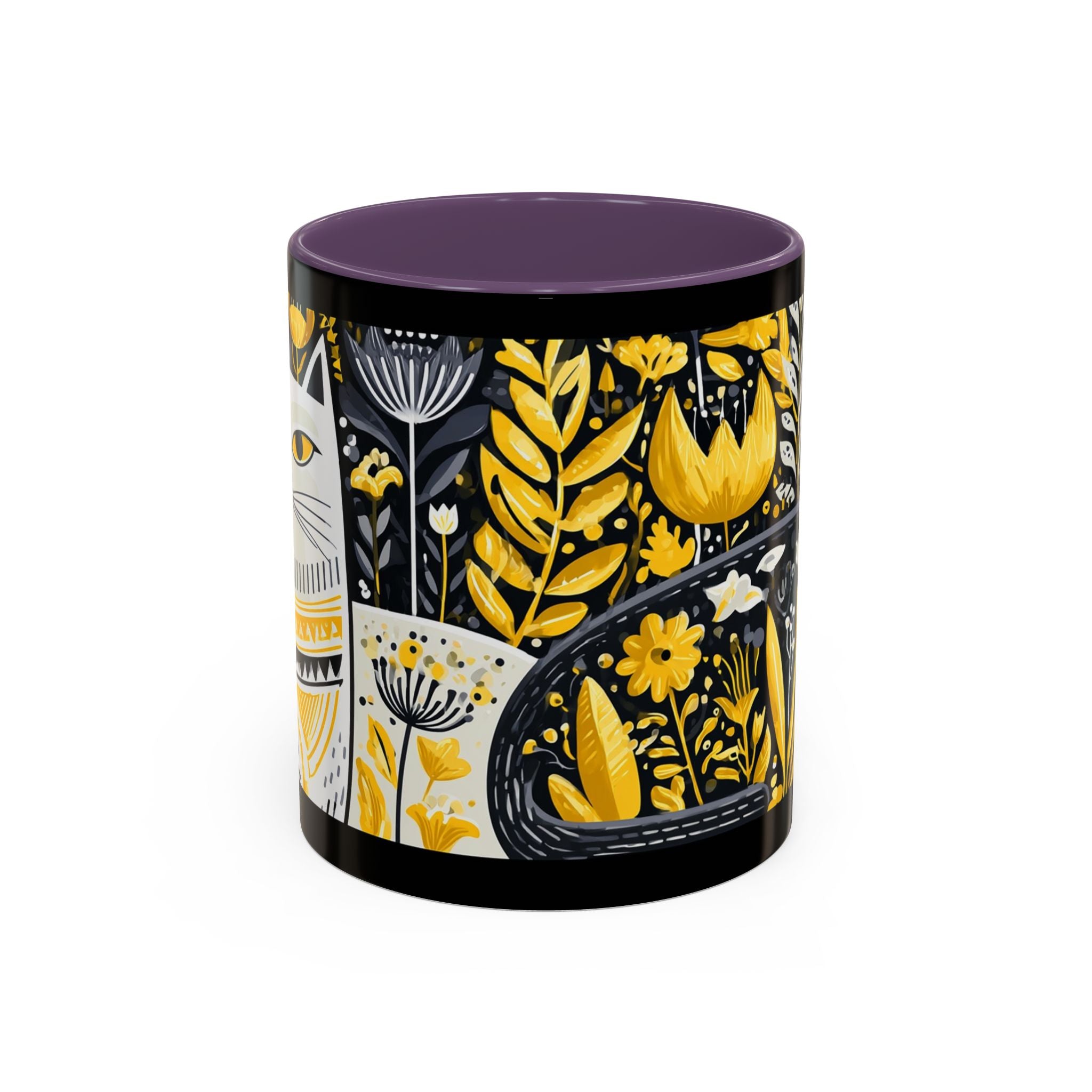 Black & Gold Cat Floral Coffee Mug — Whimsical Botanical Cat Accent Mug (11/15oz)