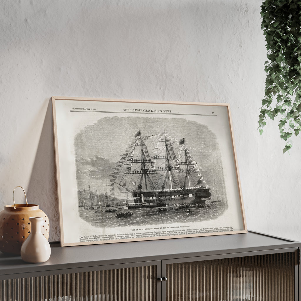 Visit of the Prince of Wales to the Training-Ship Worcester. Framed Vintage Sailing Ship Poster — Nautical Wall Art with Wooden Frame