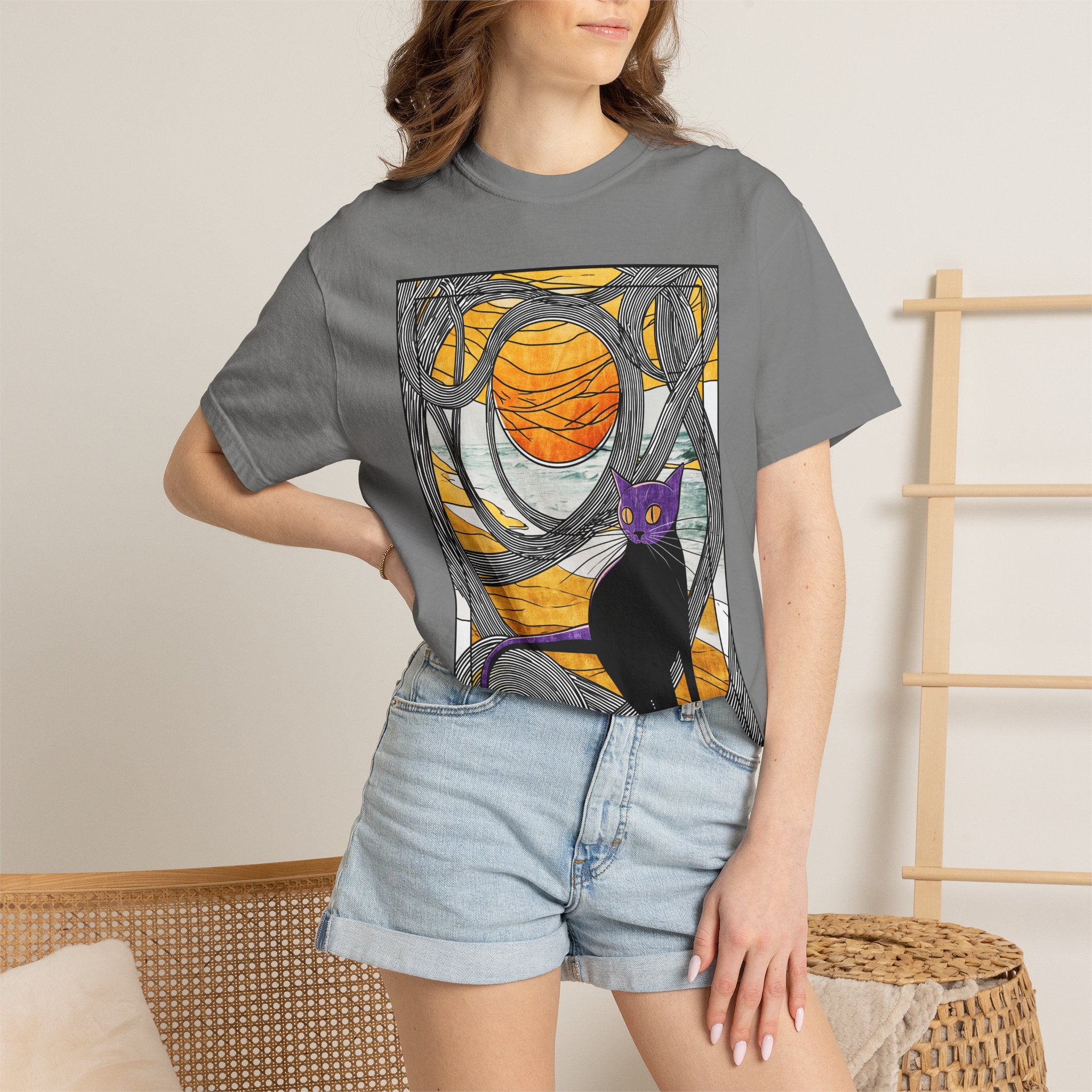 Cat Moon T-Shirt — Black Cat with Purple Mask & Sunset Stained-Glass Design