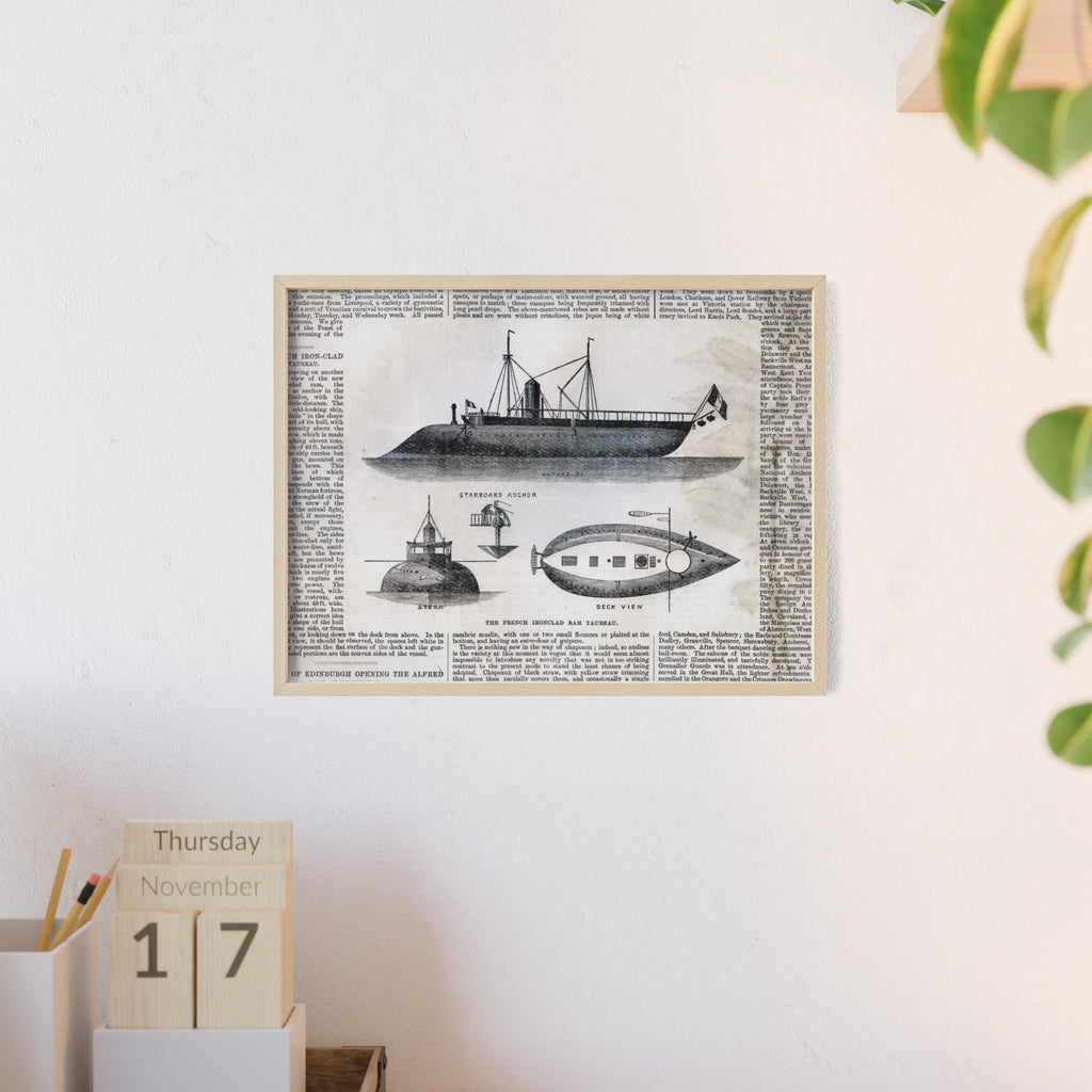 The French Ironclad RAM TAUREAU. Vintage Steamboat Patent Poster — Framed Nautical Wall Art