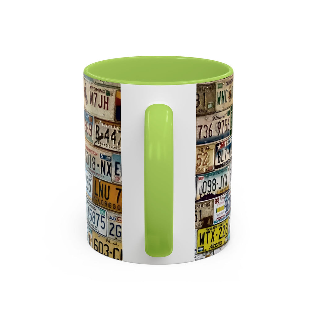 License Plate Collage Coffee Mug — Route 66, Vintage Road Trip Accent Mug