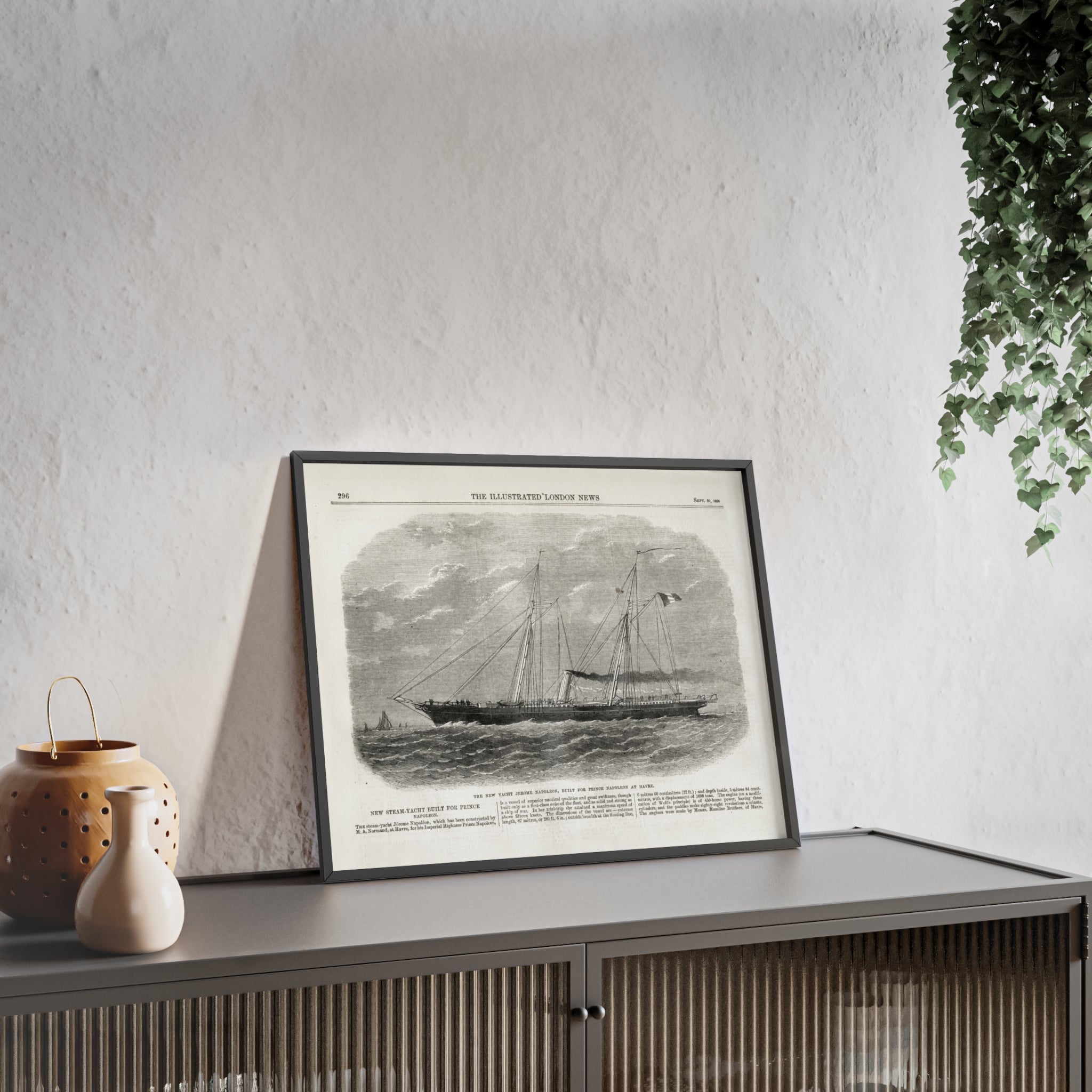 The New Yacht JEROME NAPOLEON, Built for Prince NAPOLEAN at Havre. Framed Vintage Ship Print Poster — Nautical Wall Art with Wooden Frame