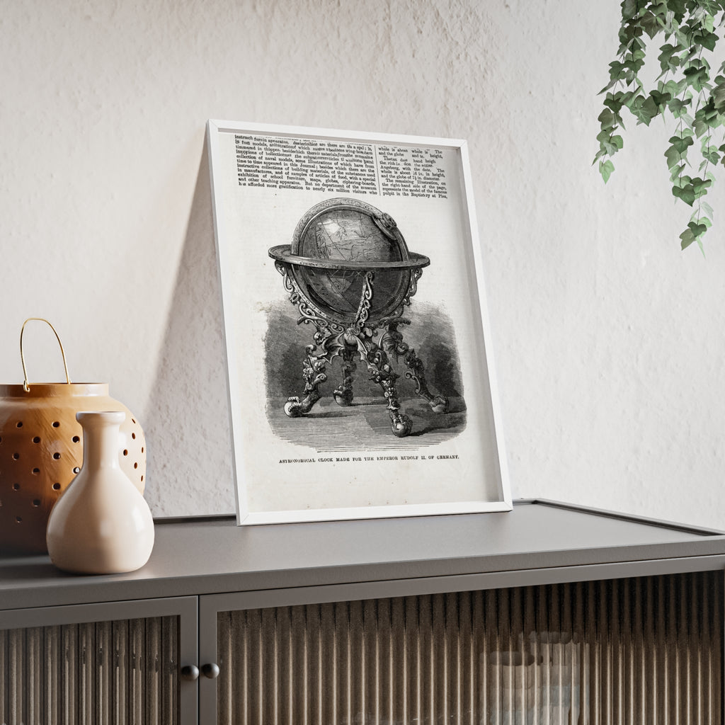 Astronomical Clock made for the Emperor RUDOLPH II, of Germany. Vintage Globe Illustration Poster with Wooden Frame — Antique Map Print