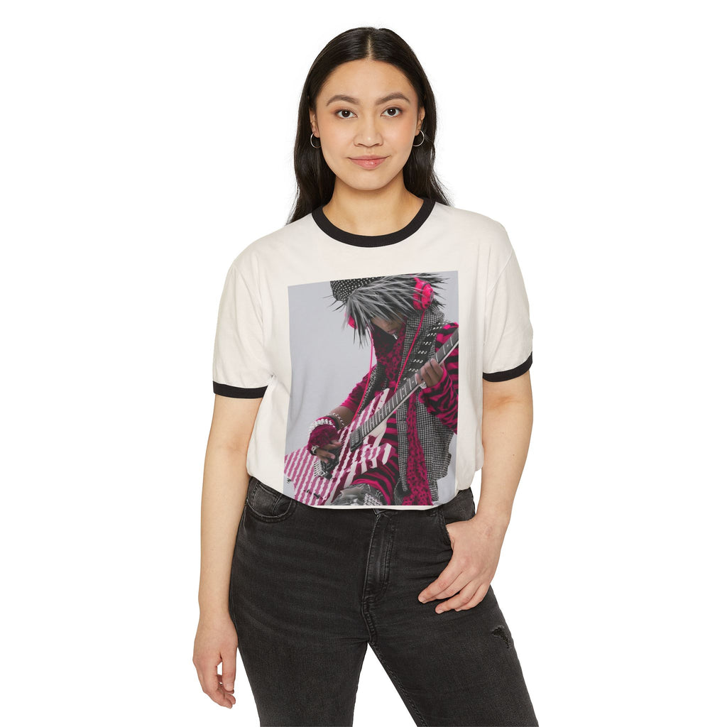 Retro Rock Guitarist Ringer T-Shirt — Pink Striped Electric Guitar Graphic