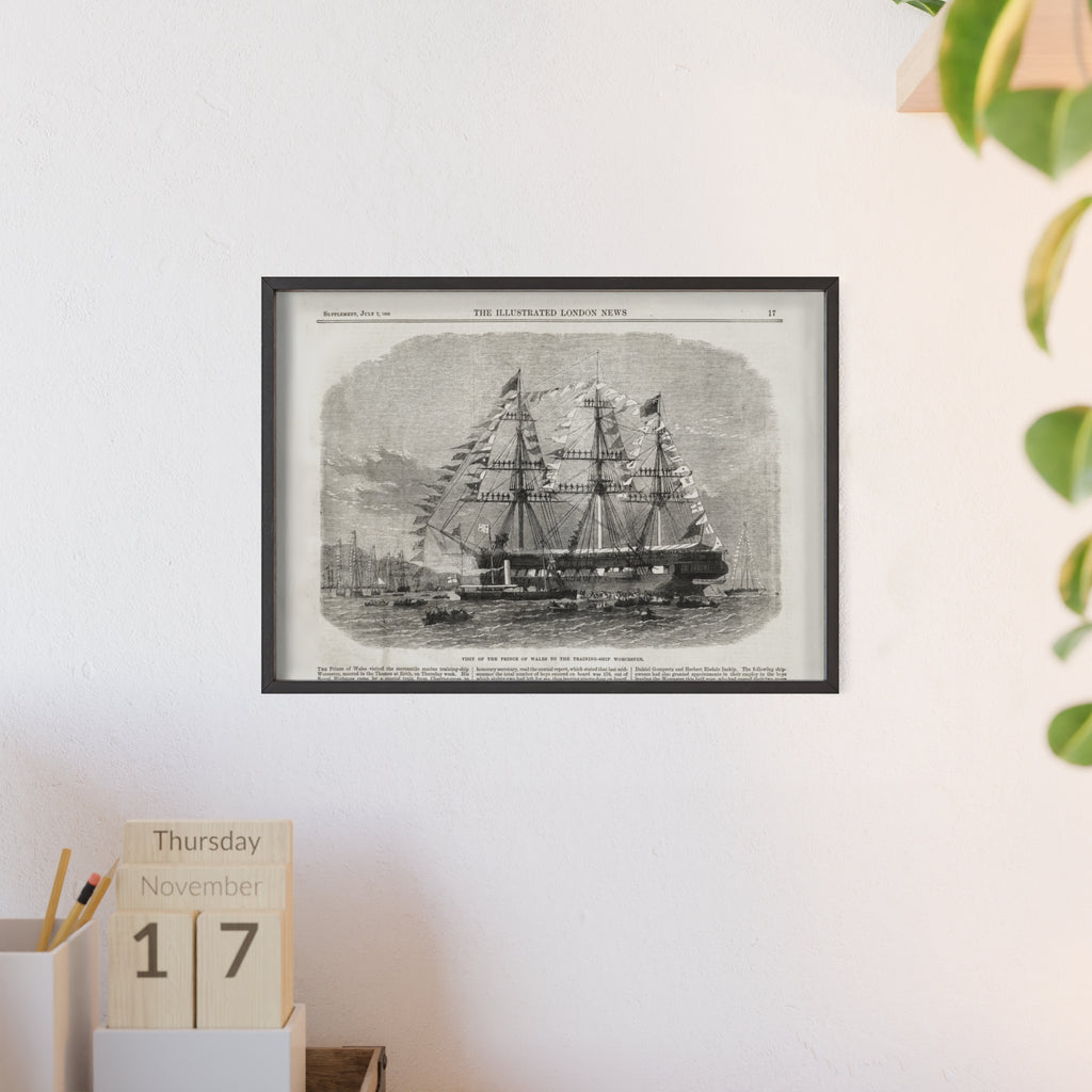 Visit of the Prince of Wales to the Training-Ship Worcester. Framed Vintage Sailing Ship Poster — Nautical Wall Art with Wooden Frame