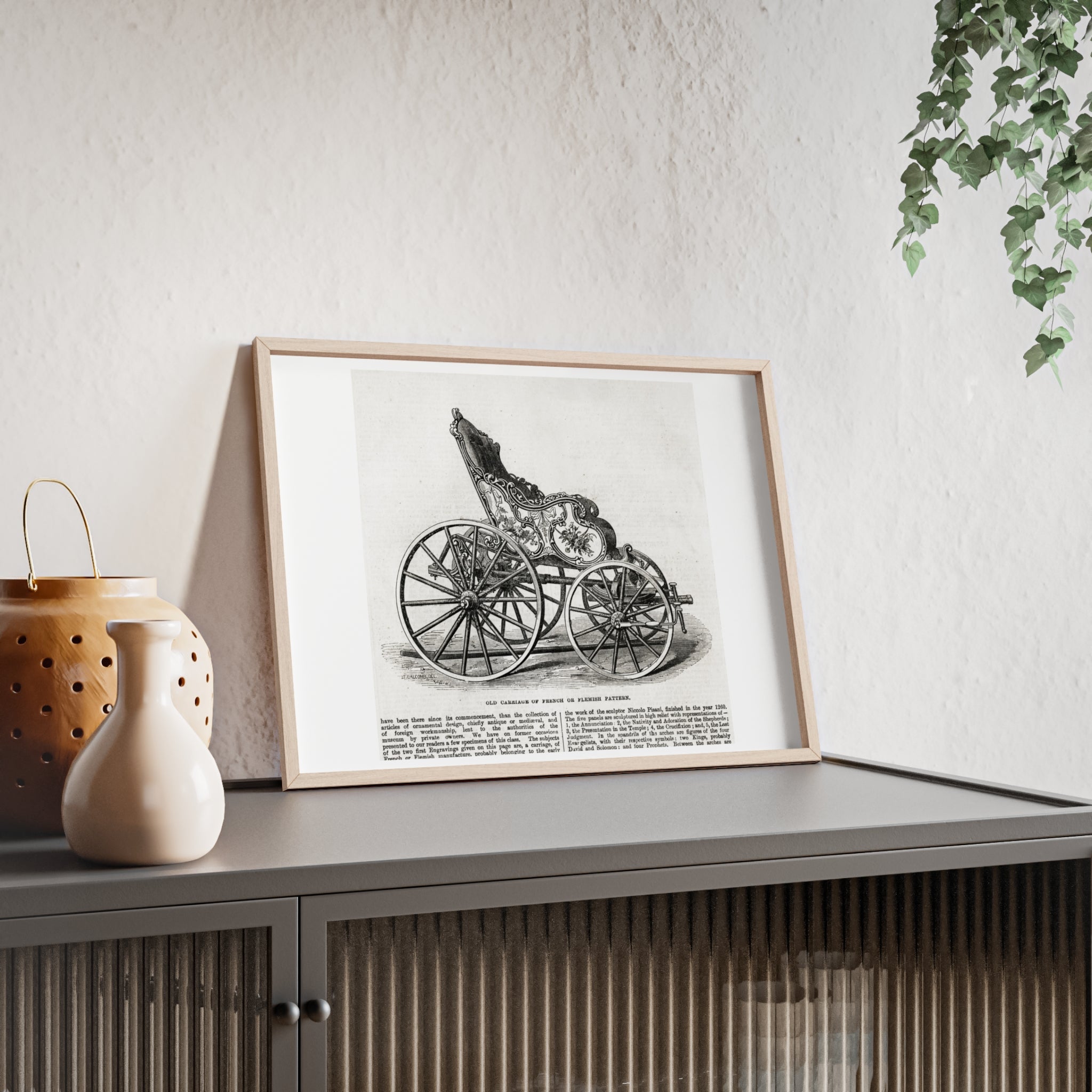Old Carriage of French or Flemish Pattern. Vintage Carriage Print Poster with Wooden Frame — Antique Transportation Wall Art