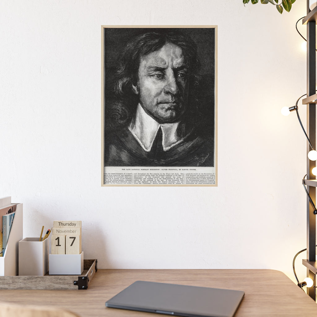 OLIVER CROMWELL. Historical Portrait Poster with Wooden Frame — Vintage Chalk-Style Print