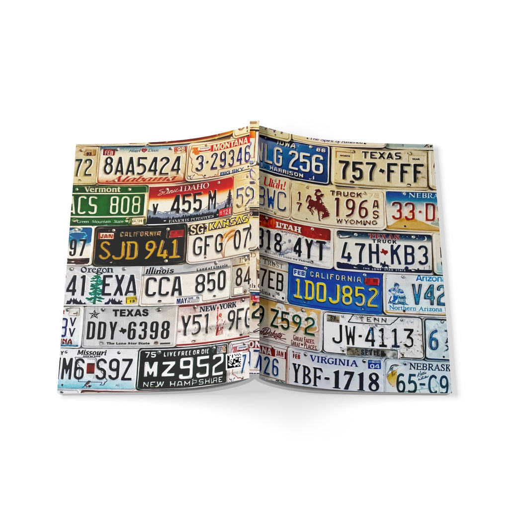 License Plate Collage A5 Notebook – Vintage Road Trip Journal