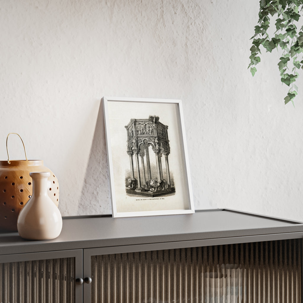 Model of Pulpit in the Baptistery at PISA. Antique Architectural Print Poster — Gothic Baptistery Illustration in Wooden Frame