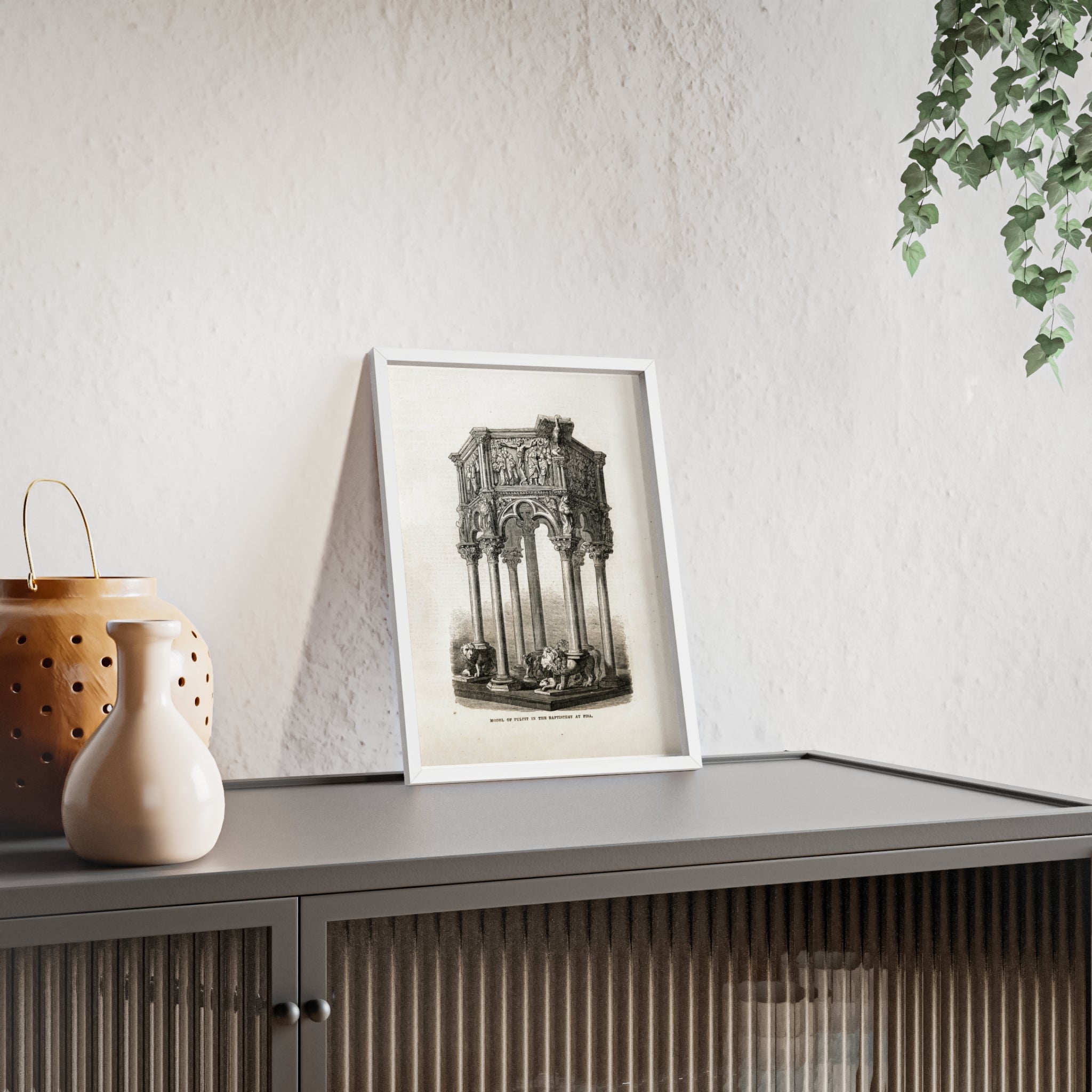Model of Pulpit in the Baptistery at PISA. Antique Architectural Print Poster — Gothic Baptistery Illustration in Wooden Frame