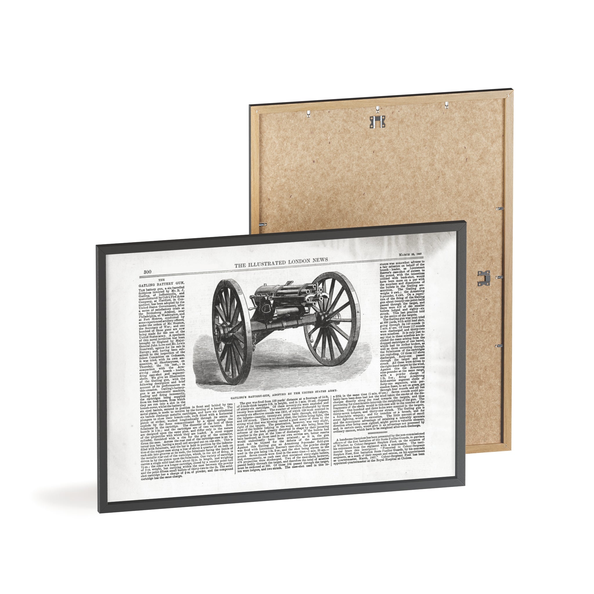 GATLING'S Battery-Gun, adopted by the United States Army. Vintage Cannon Patent Poster with Wooden Frame – Antique Engineering Print