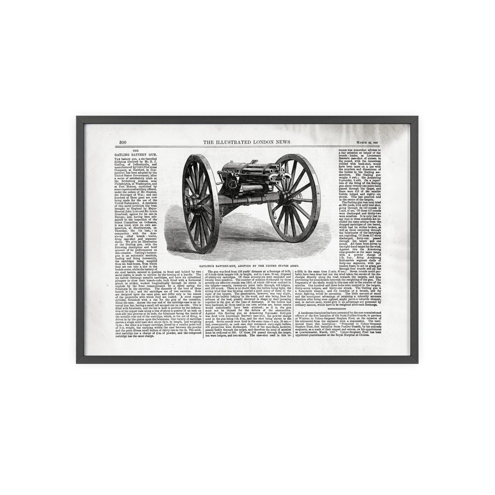 GATLING'S Battery-Gun, adopted by the United States Army. Vintage Cannon Patent Poster with Wooden Frame – Antique Engineering Print