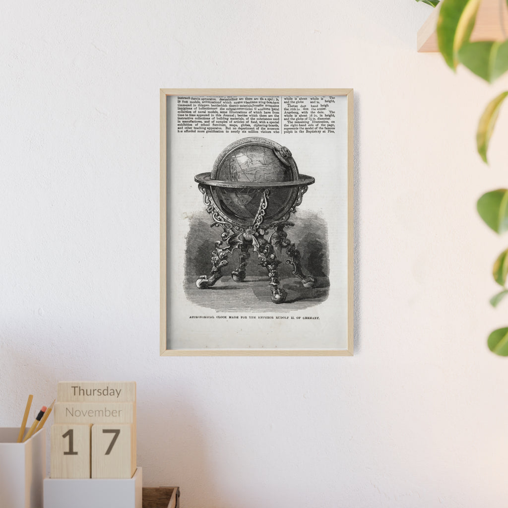 Astronomical Clock made for the Emperor RUDOLPH II, of Germany. Vintage Globe Illustration Poster with Wooden Frame — Antique Map Print