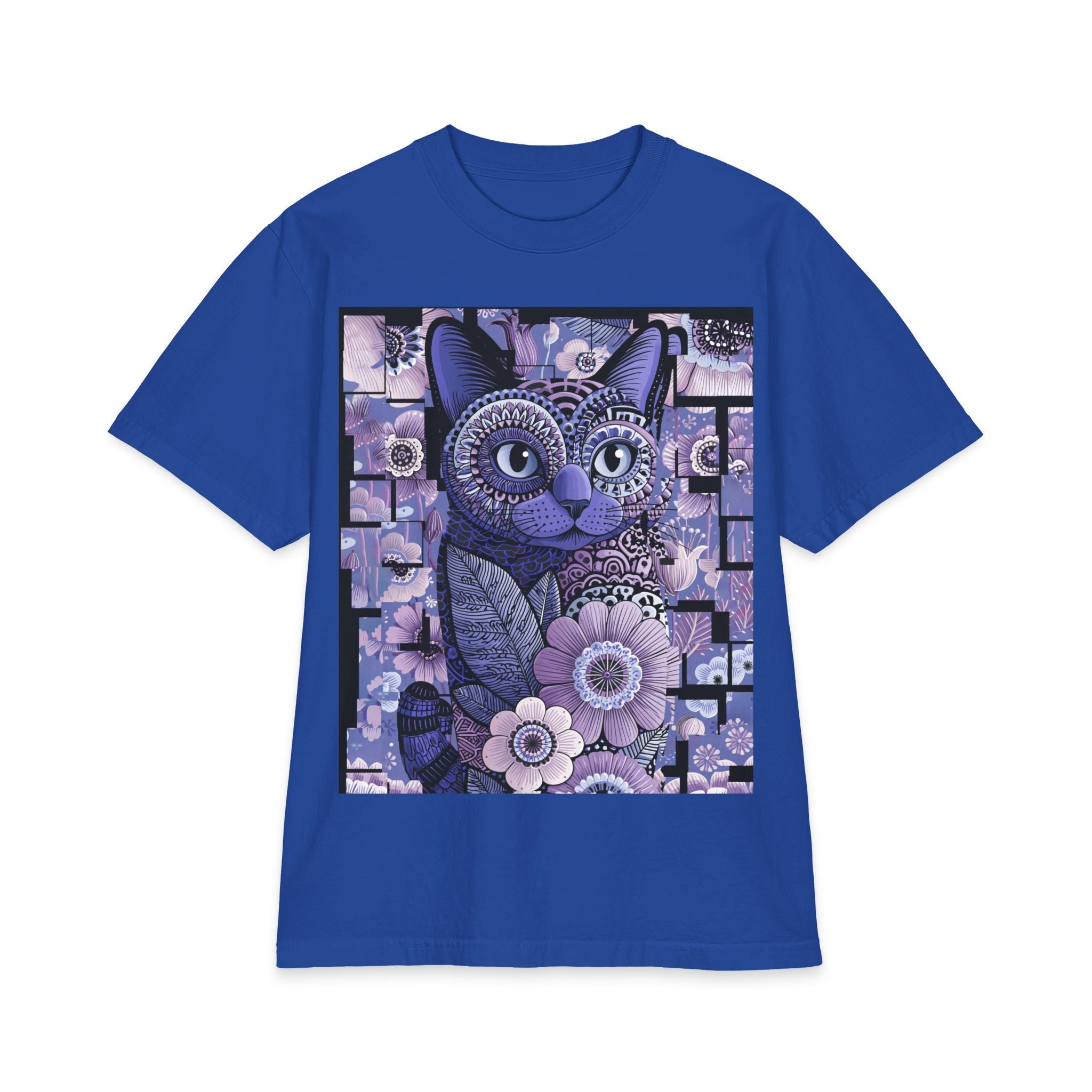 Cat Floral Art T-Shirt — Purple Mosaic Kitty Tee