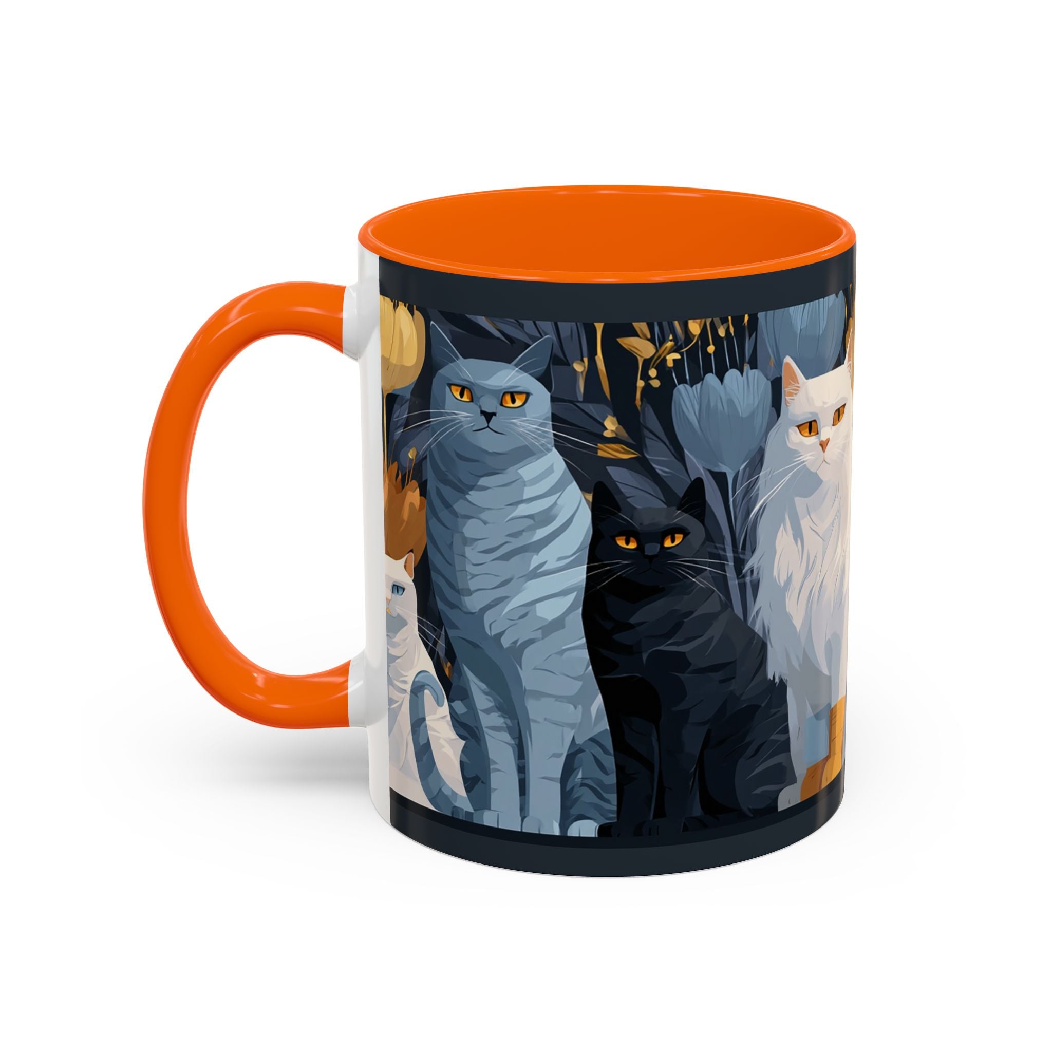 Cat Pattern Accent Coffee Mug — Illustrated Cats Floral Night Design (11/15oz)