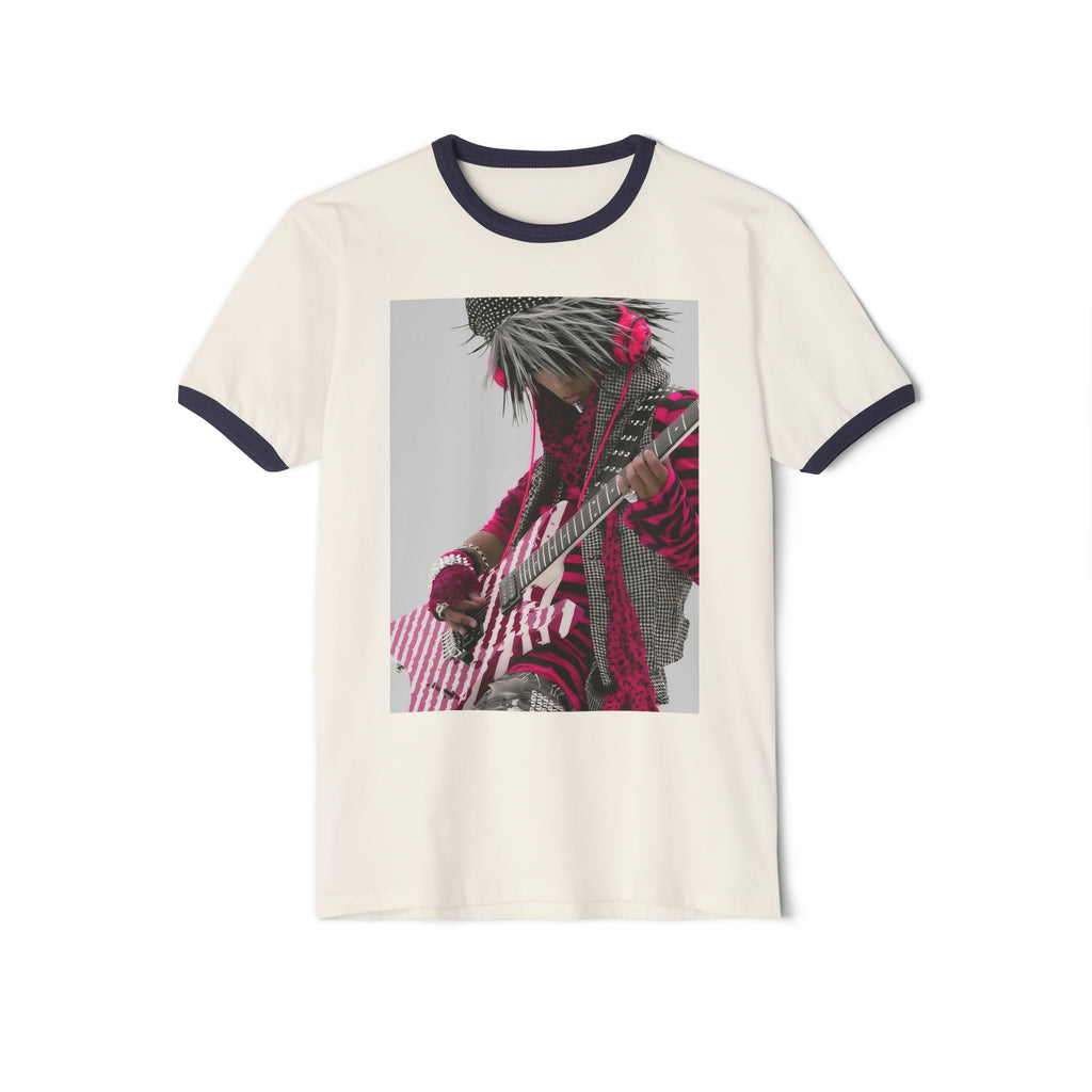 Retro Rock Guitarist Ringer T-Shirt — Pink Striped Electric Guitar Graphic