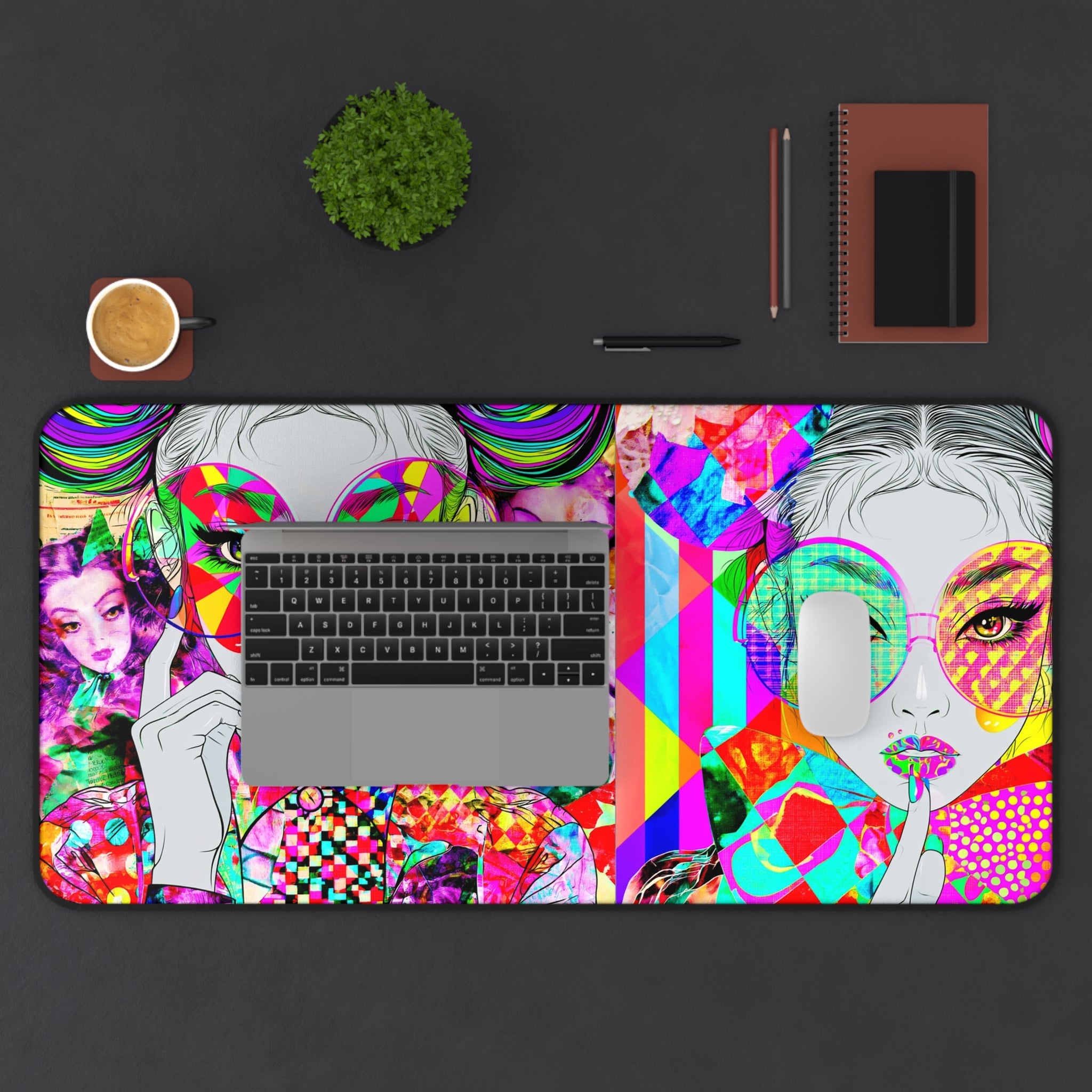 Vibrant Pop-Art Fashion Desk Mat — Colorful Retro Girl Illustration