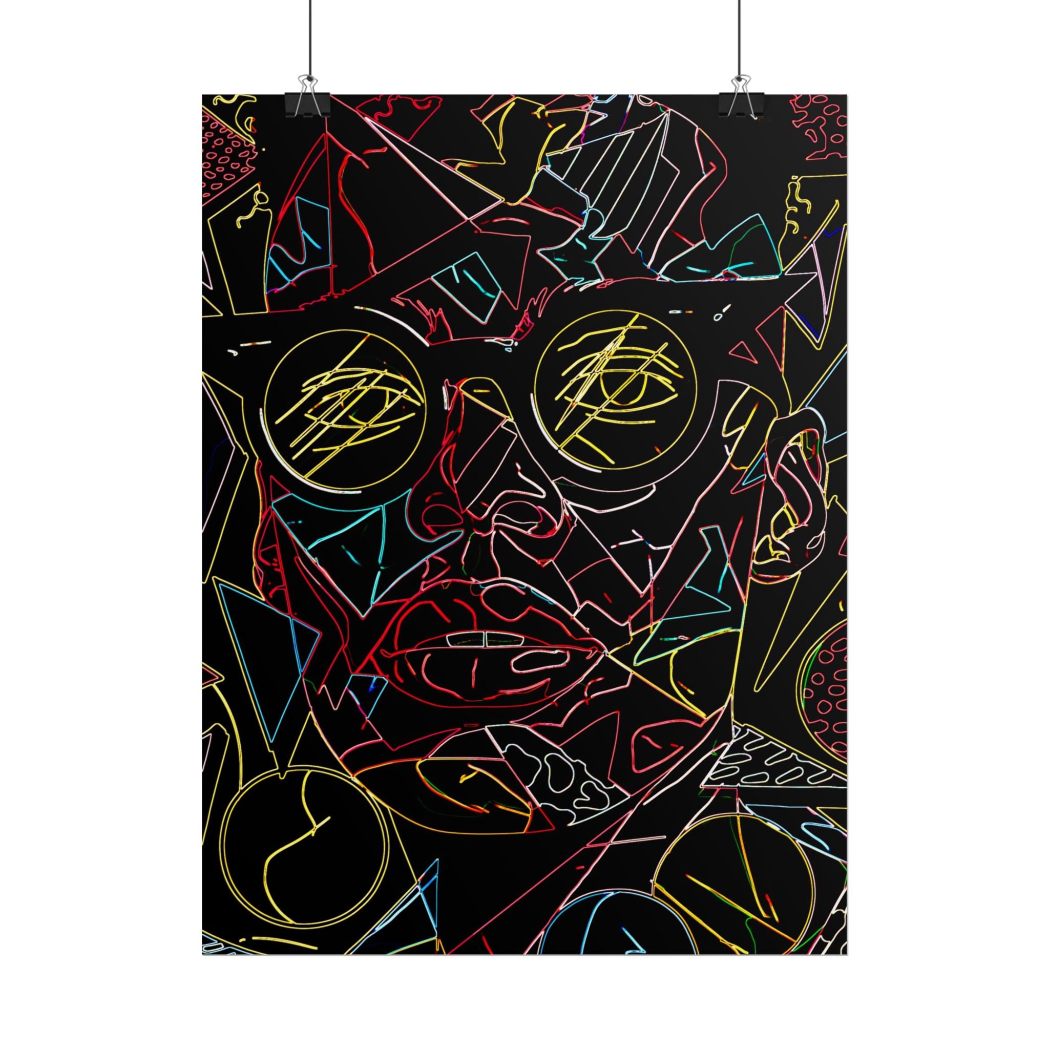 Abstract Neon Line Art Poster – Stylized Sunglasses Face Rolled Art Print
