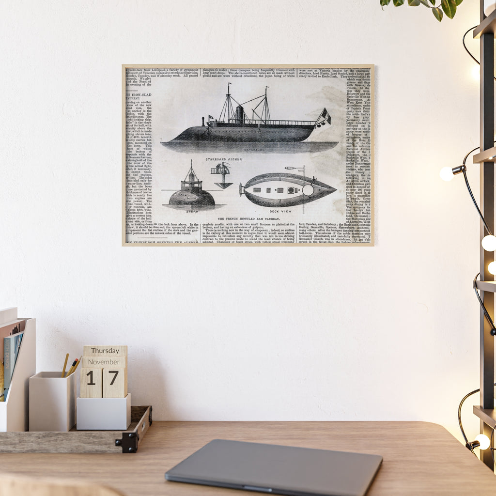 The French Ironclad RAM TAUREAU. Vintage Steamboat Patent Poster — Framed Nautical Wall Art
