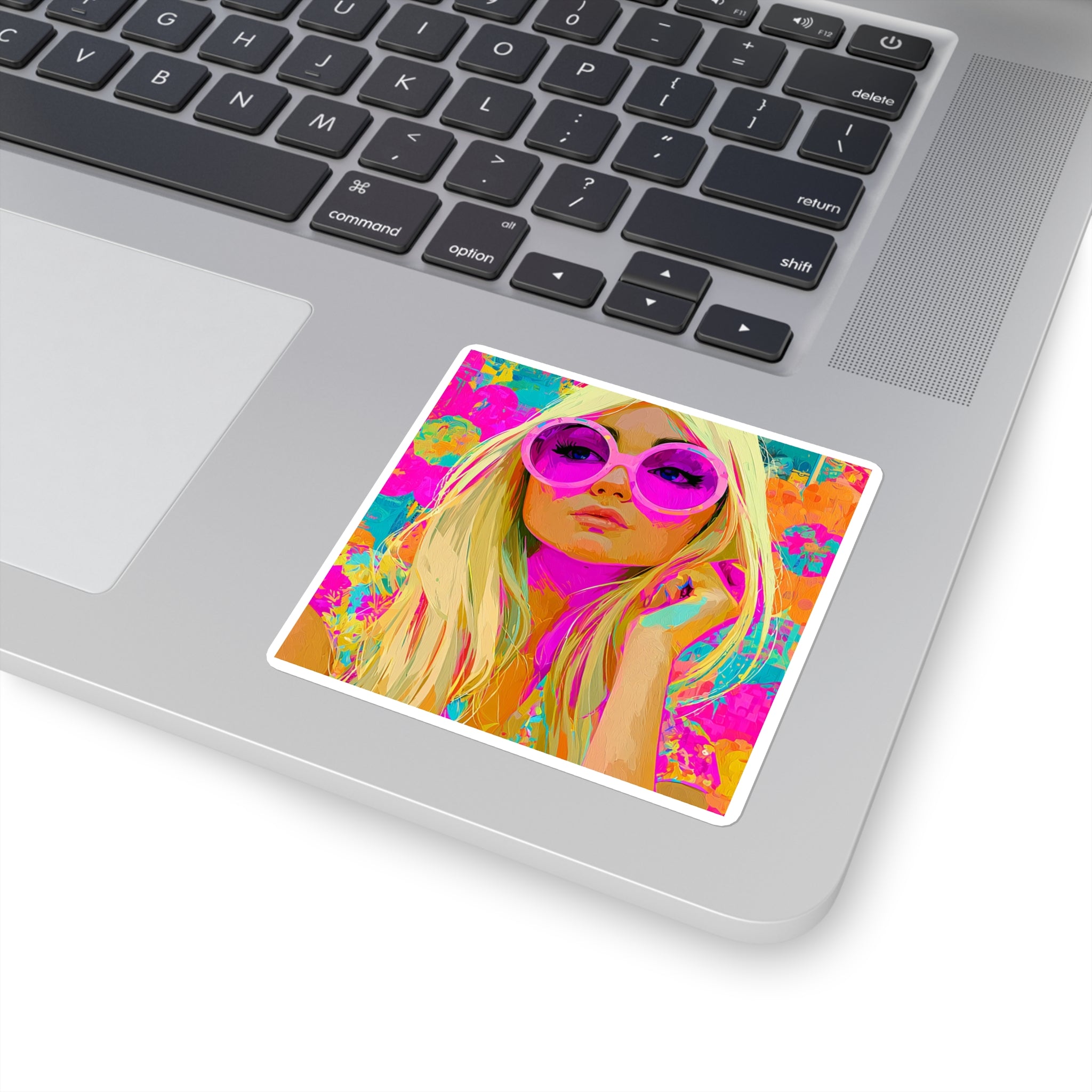 Pop Art Blonde Girl Square Sticker — Retro Neon Portrait Laptop Decal