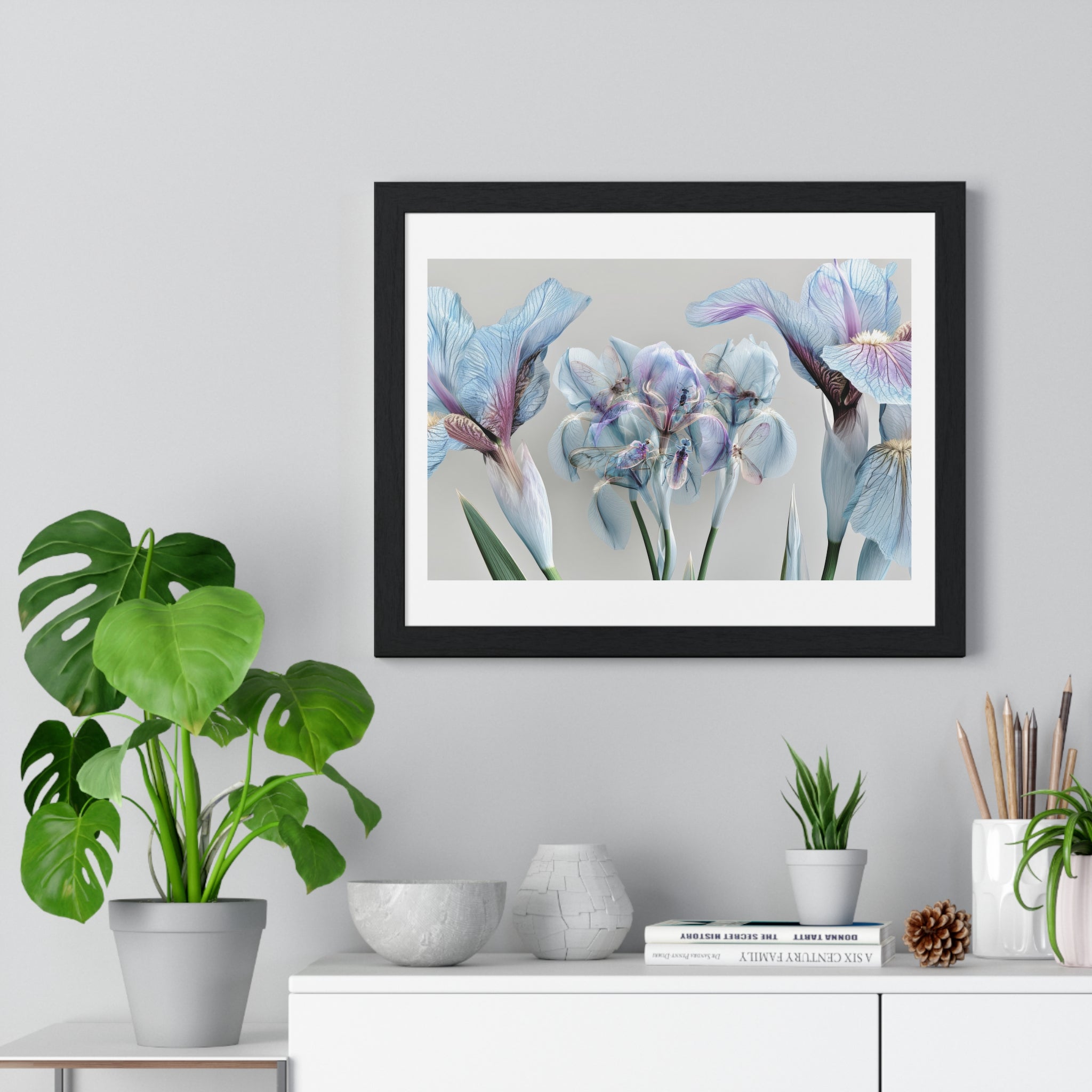 Botanical Iris Framed Poster — Soft Blue Floral Wall Art (Horizontal)