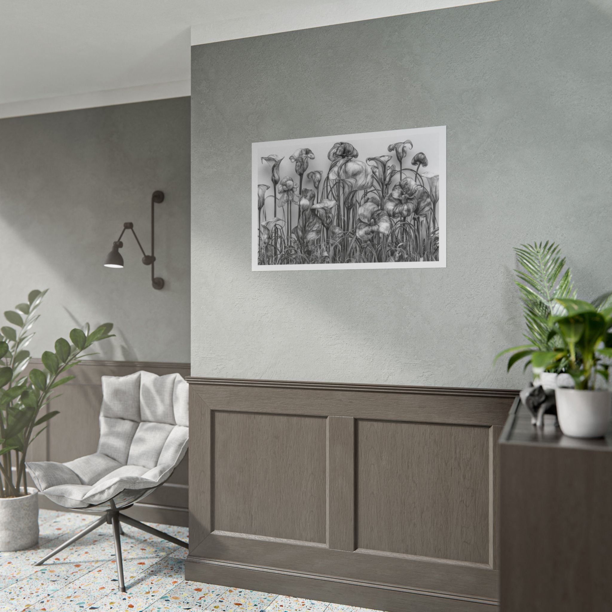 Botanical Iris Poster — Black & White Floral Art Print (Rolled Poster)