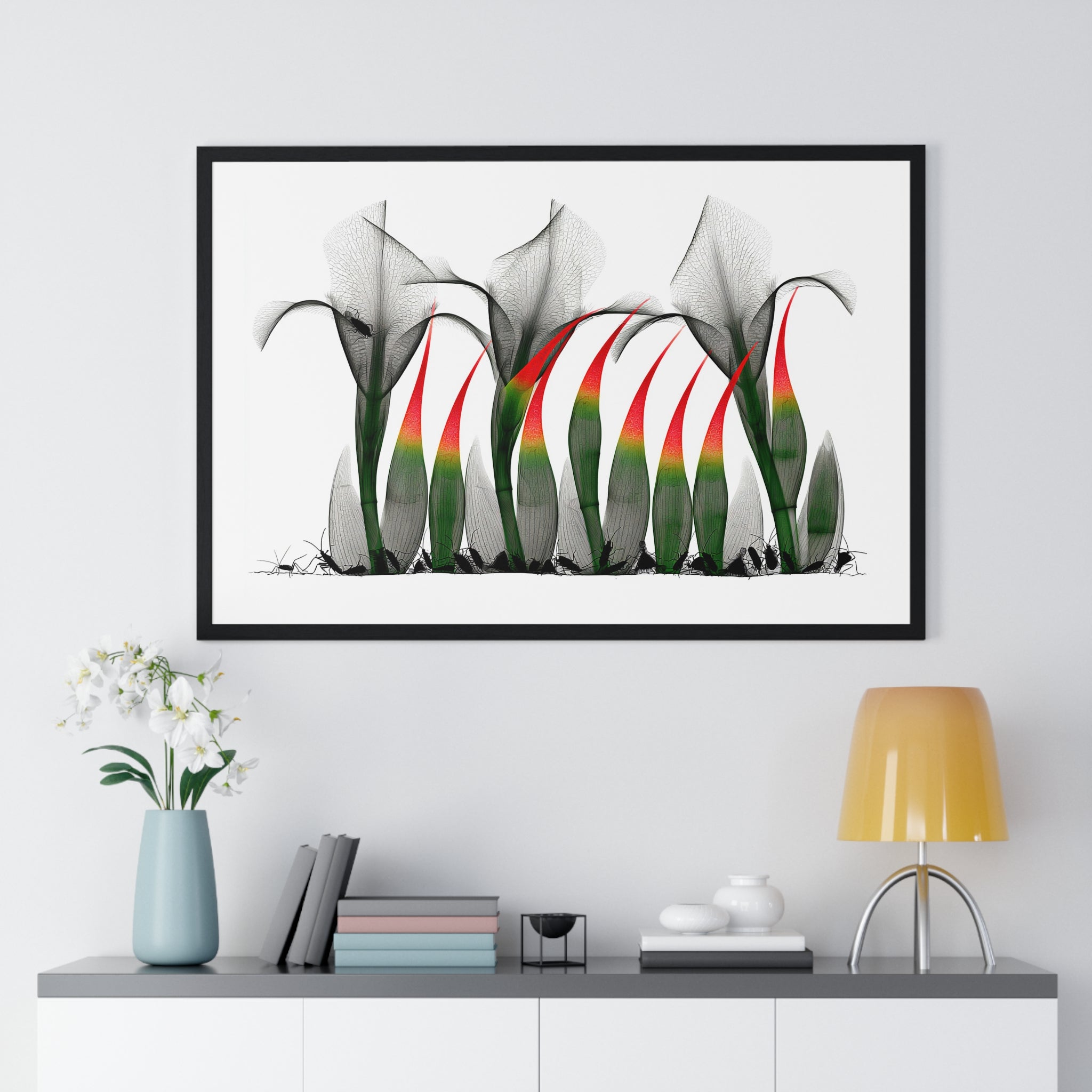 Framed Poster - Abstract Botanical Calla Lily Art with Red & Green Accents