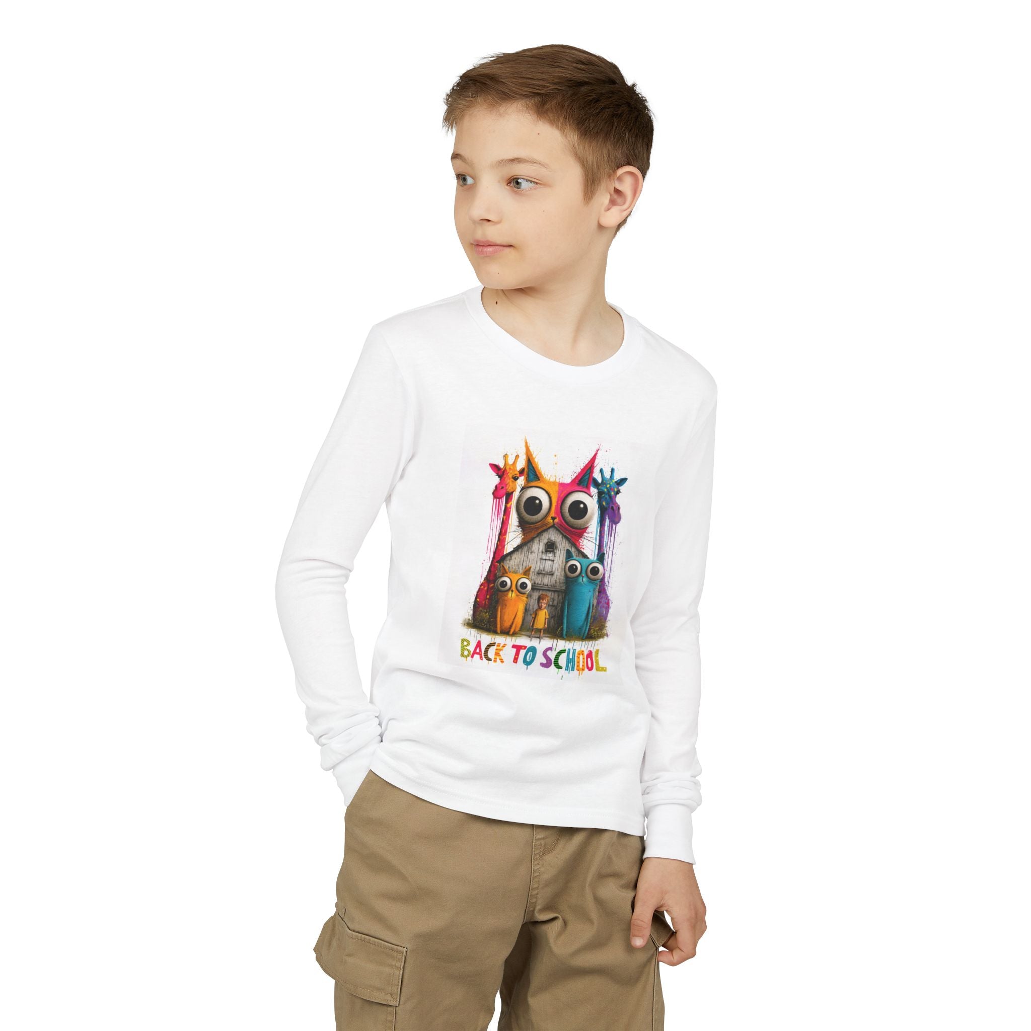 Back to School Youth Long Sleeve Tee — Colorful Owl Schoolhouse Design