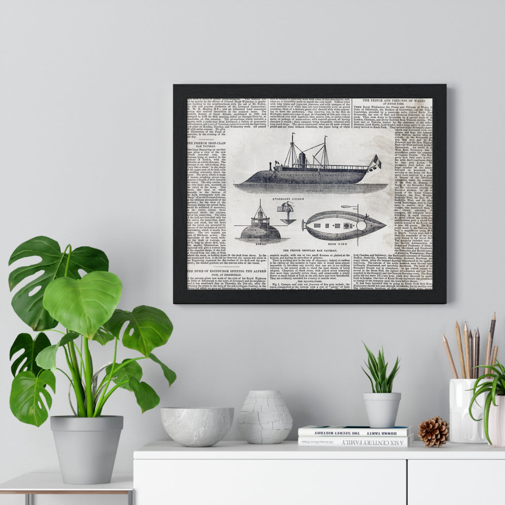 Framed Nautical Patent Poster — Vintage Submarine & Ship Illustration