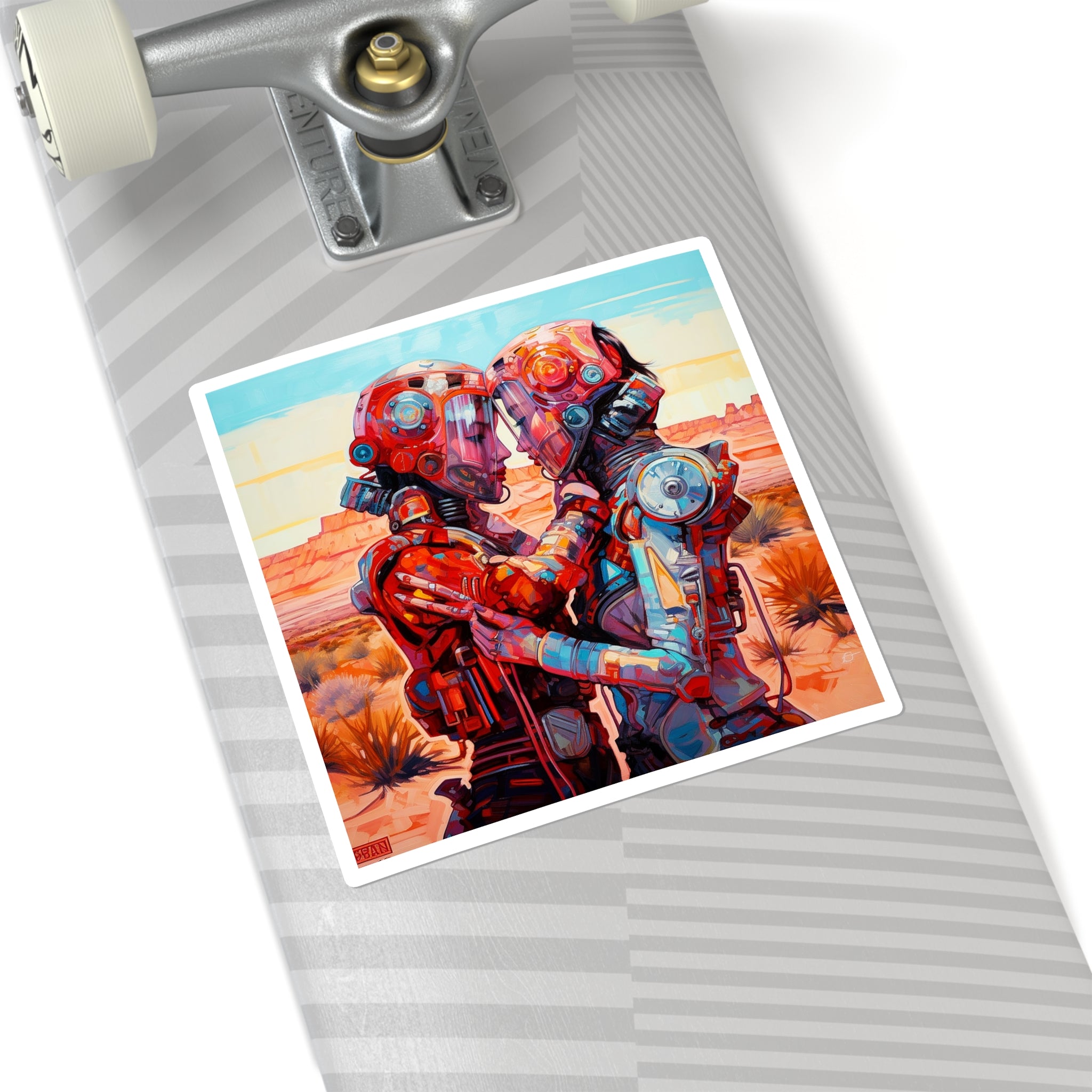 Square Sticker — Retro Futuristic Robots Embrace (Colorful Sci‑Fi Art)