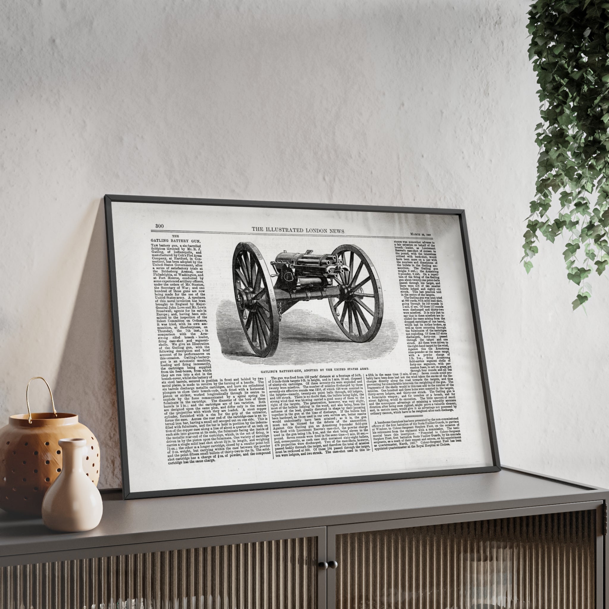 GATLING'S Battery-Gun, adopted by the United States Army. Vintage Cannon Patent Poster with Wooden Frame – Antique Engineering Print