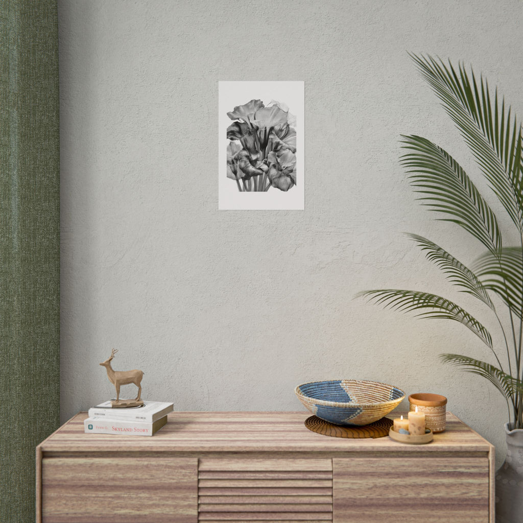 Black & White Iris Botanical Poster — Monochrome Floral Wall Art (Rolled Poster)