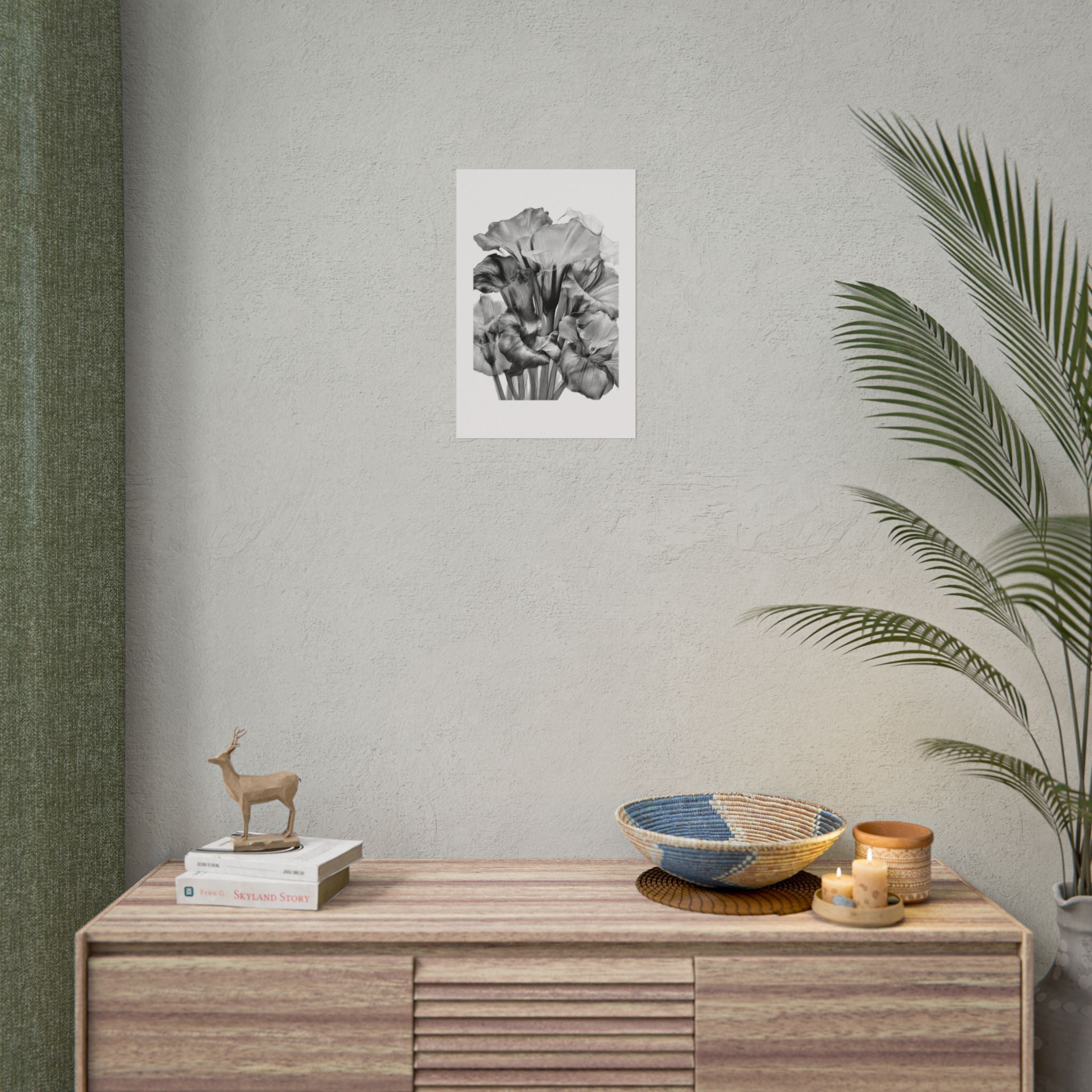 Black & White Iris Botanical Poster — Monochrome Floral Wall Art (Rolled Poster)