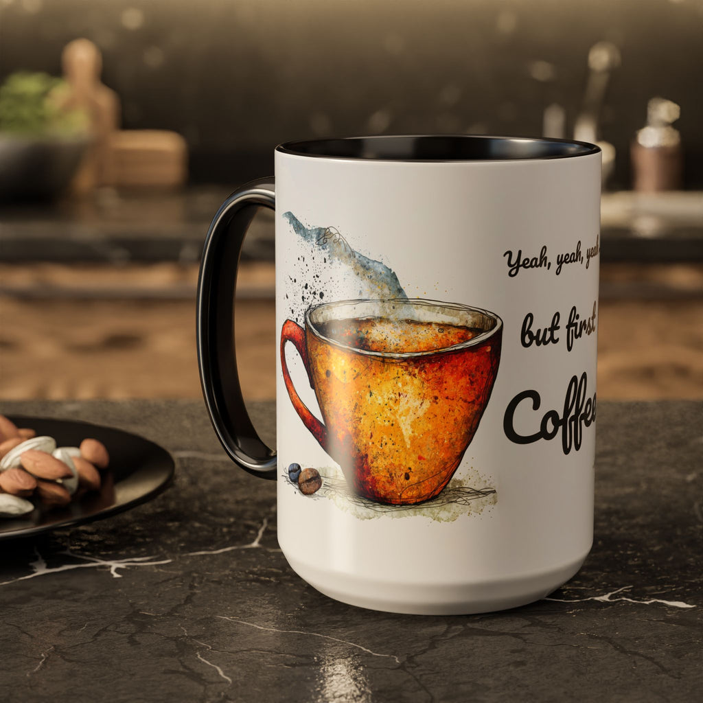 But First Coffee Ceramic Mug — Colorful Watercolor Coffee Cups (11oz & 15oz)