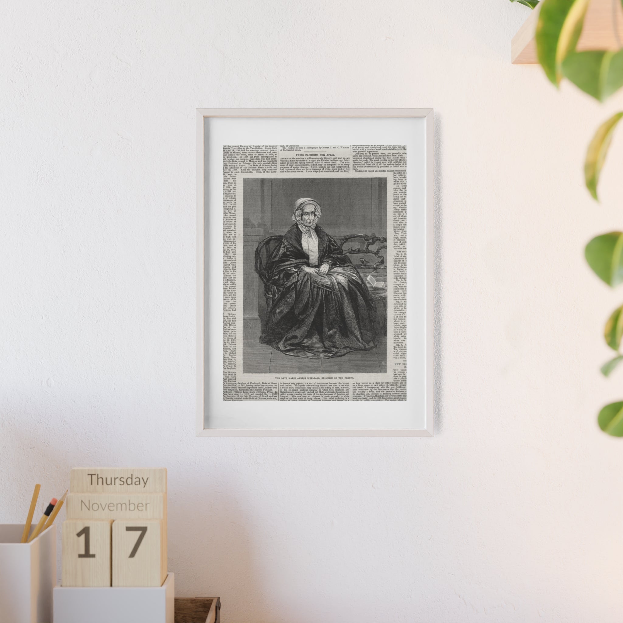 The Late Marie Amelie D'Orleans, Ex-Queen of the French. Vintage Portrait Newspaper Art Poster with Black Wooden Frame