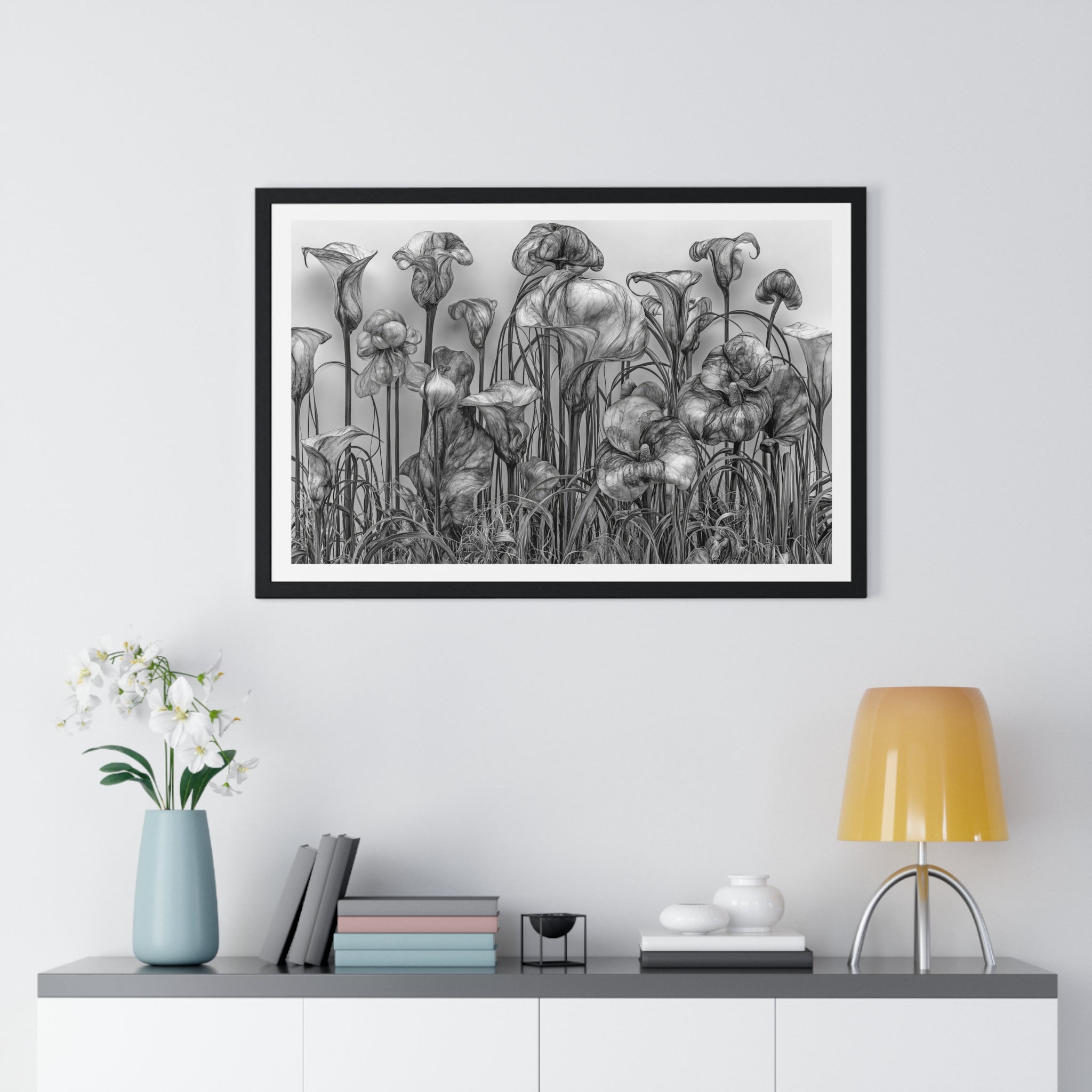 Black & White Botanical Framed Poster — Monochrome Calla Lily Wall Art (Horizontal)