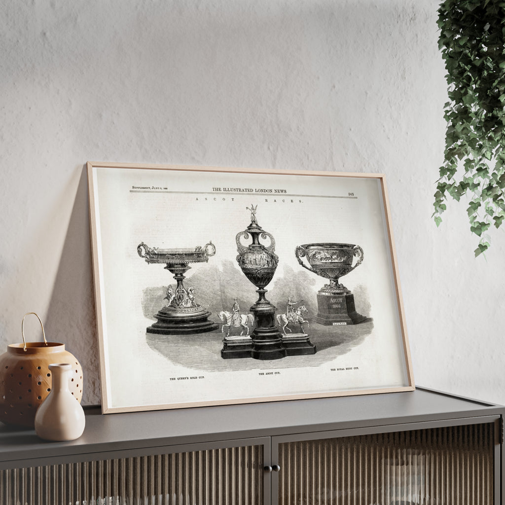 The ASCOT Races. Vintage Trophy Engraving Poster with Wooden Frame