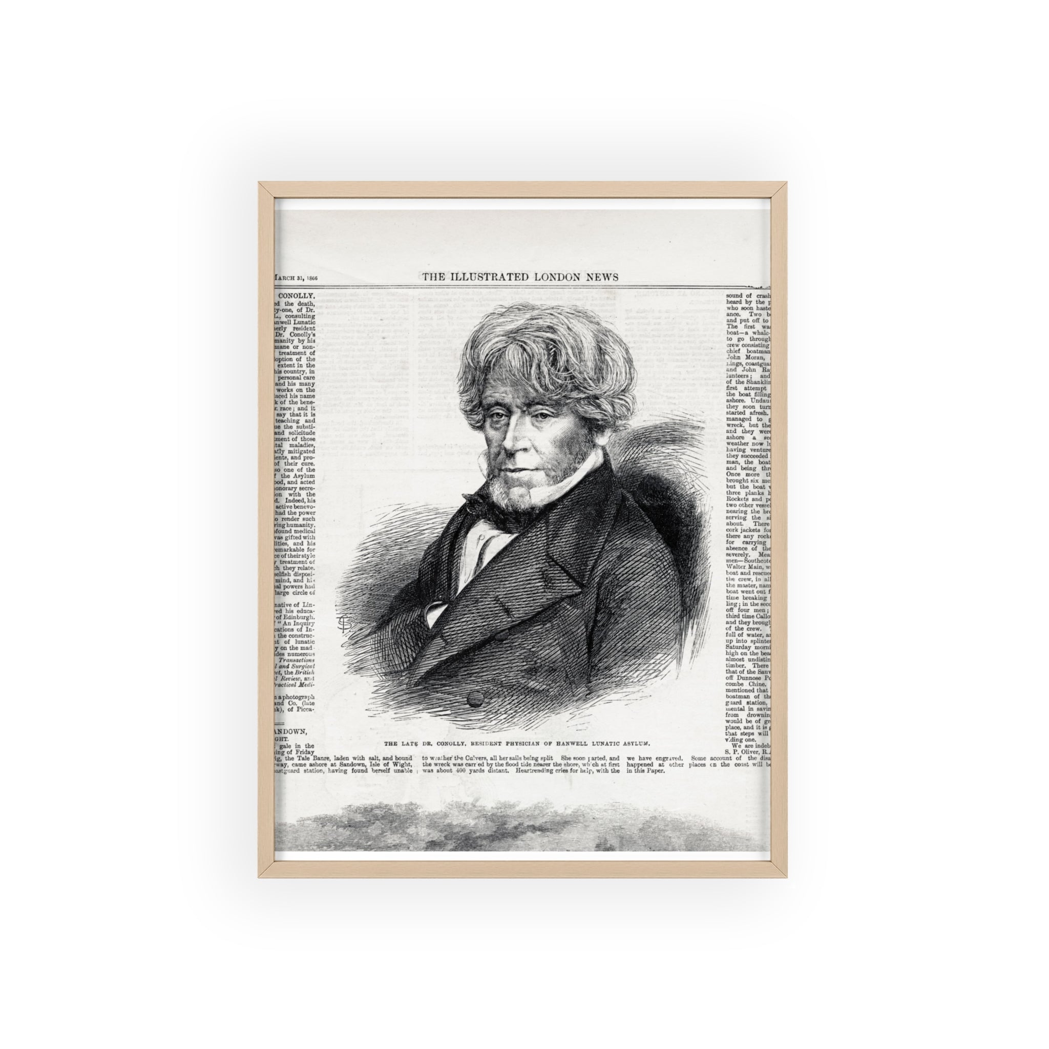 Dr. Conolly, Resident Physician of Hanwell Lunatic Asylum. Framed Vintage Portrait Print — Antique Newspaper Illustration Poster