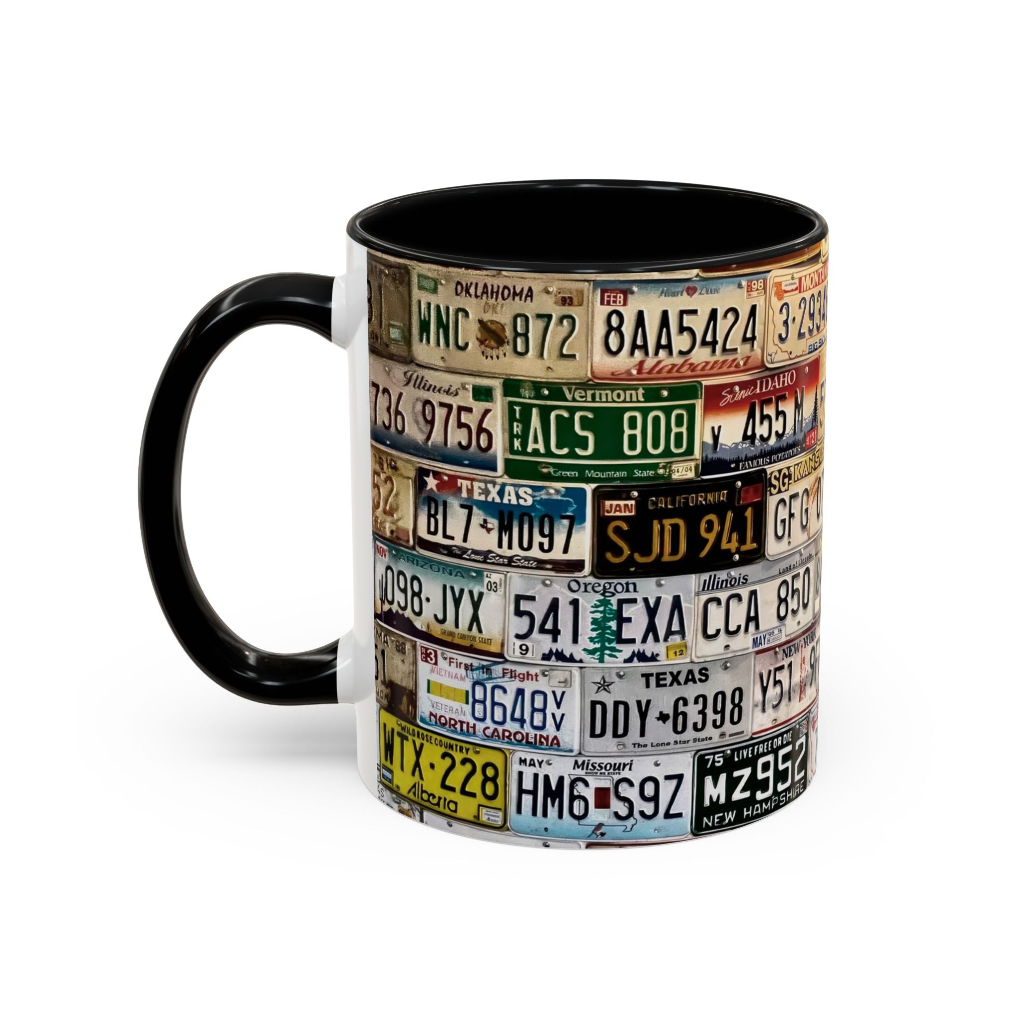 License Plate Collage Coffee Mug — Route 66, Vintage Road Trip Accent Mug