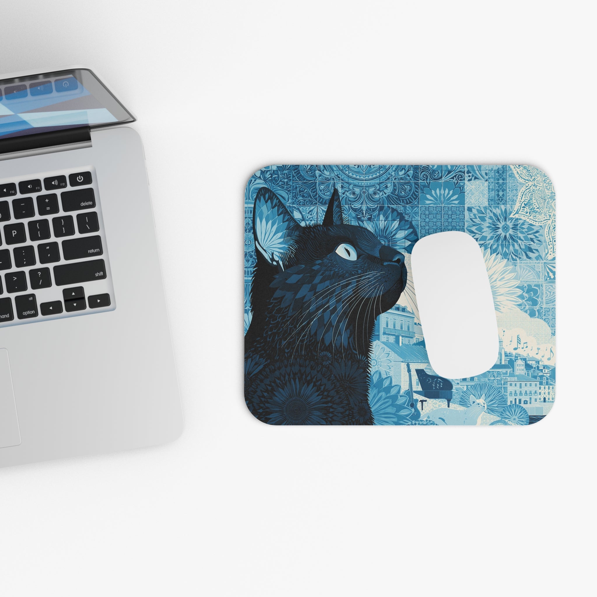 Blue Cat Scenic Rectangle Mouse Pad — Artistic Cityscape & Floral Design