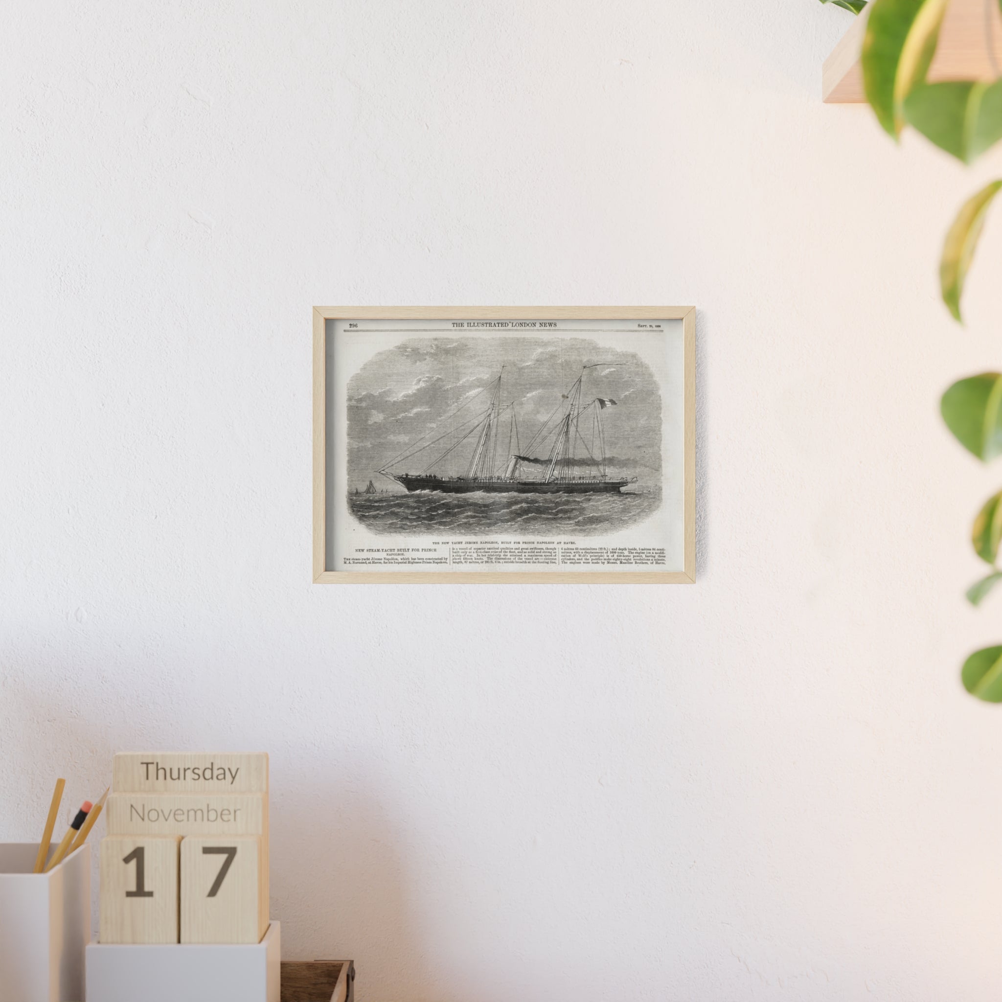 The New Yacht JEROME NAPOLEON, Built for Prince NAPOLEAN at Havre. Framed Vintage Ship Print Poster — Nautical Wall Art with Wooden Frame