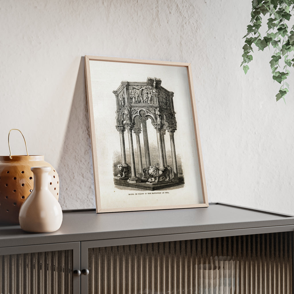 Model of Pulpit in the Baptistery at PISA. Antique Architectural Print Poster — Gothic Baptistery Illustration in Wooden Frame