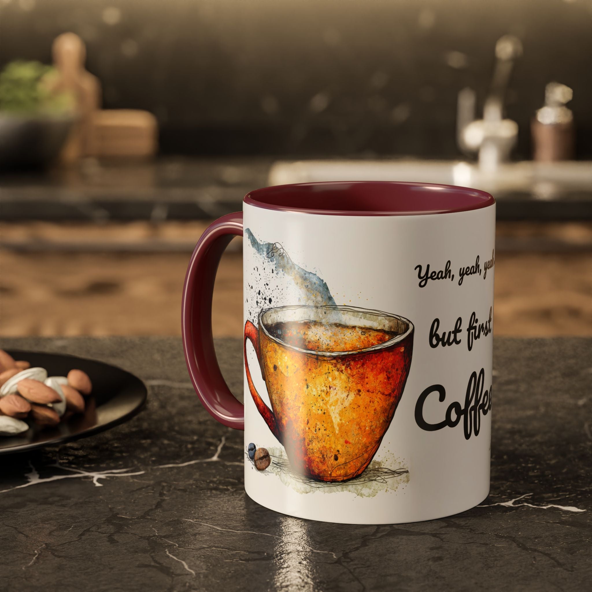 But First Coffee Ceramic Mug — Colorful Watercolor Coffee Cups (11oz & 15oz)