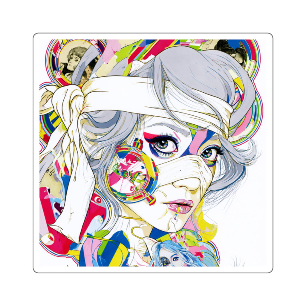 Pop Art Female Portrait Square Sticker — Colorful Anime-Inspired Laptop Decal