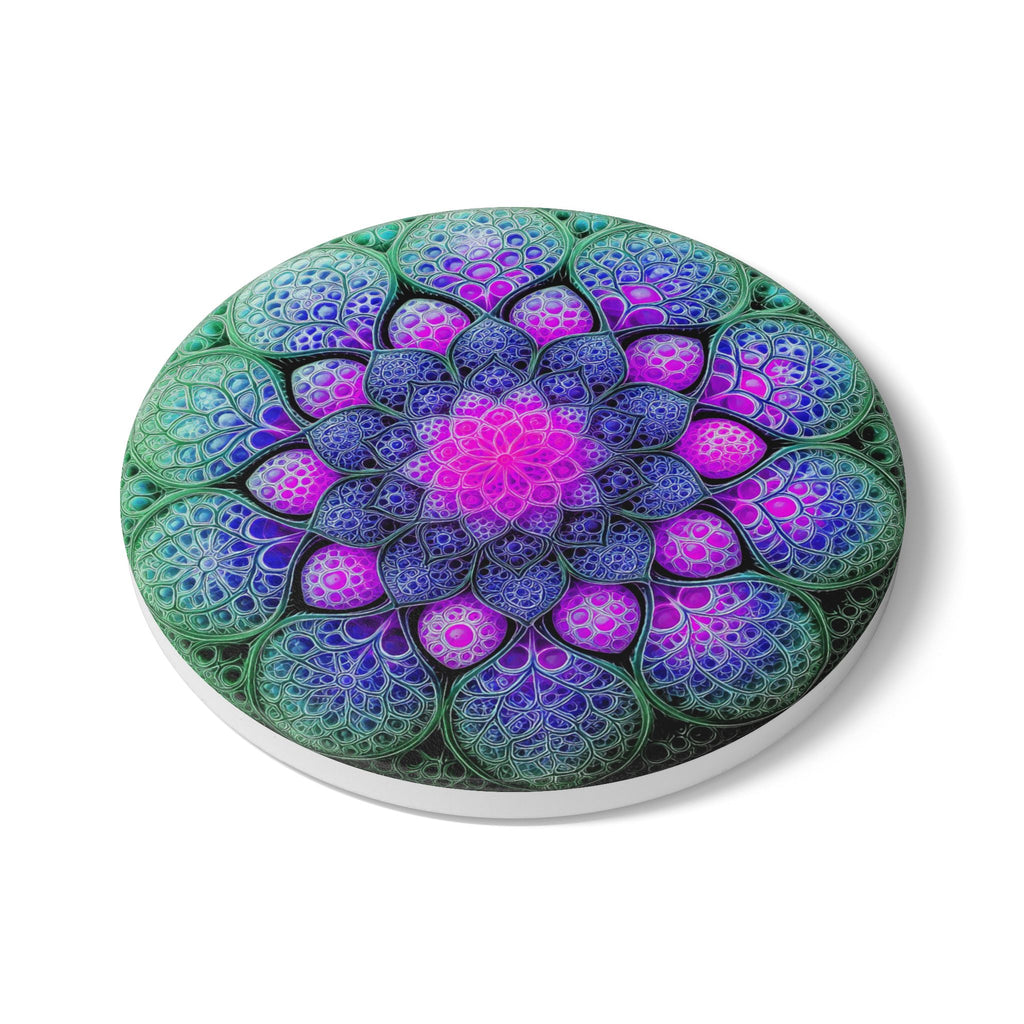 Mandala Ceramic Coaster — Vibrant Purple & Teal Floral Pattern