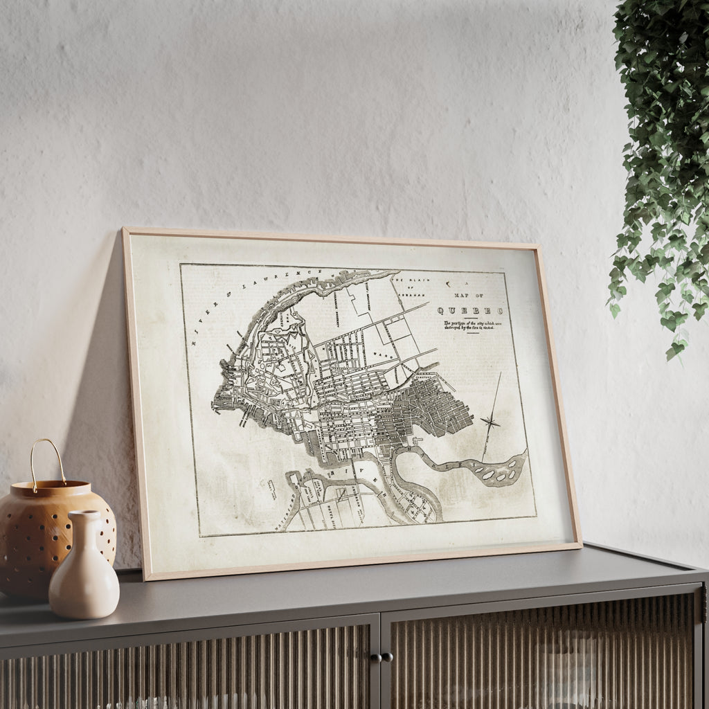 Map of QUEBEC. Vintage City Map Poster with Wooden Frame — Antique Style Wall Art